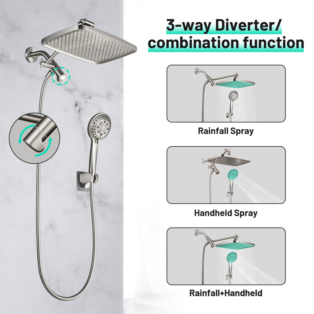 Rainfull 2-in-1 8-spray with 1.8 GPM 12 in.  Wall Mount Dual Shower Head and Handheld Shower Head in Brushed Nickel