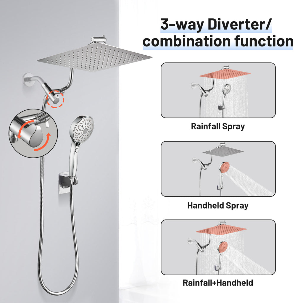 Rainfall Shower Head Combo 12-Spray 12 in. Wall Mount Dual Shower Heads and Handheld Shower Head with 1.8 GPM in Chrome