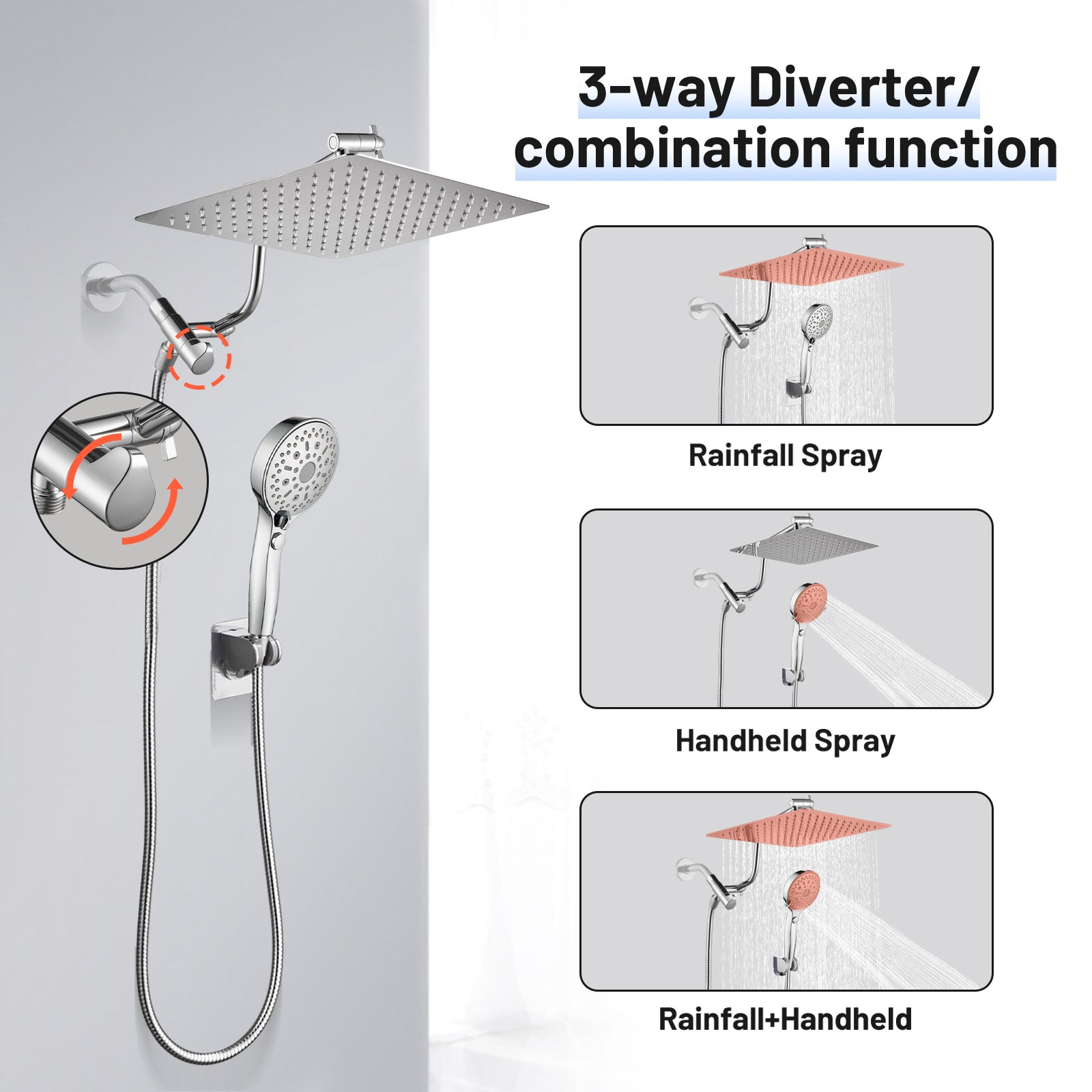Rainfall Shower Head Combo 12-Spray 12 in. Wall Mount Dual Shower Heads and Handheld Shower Head with 1.8 GPM in Chrome