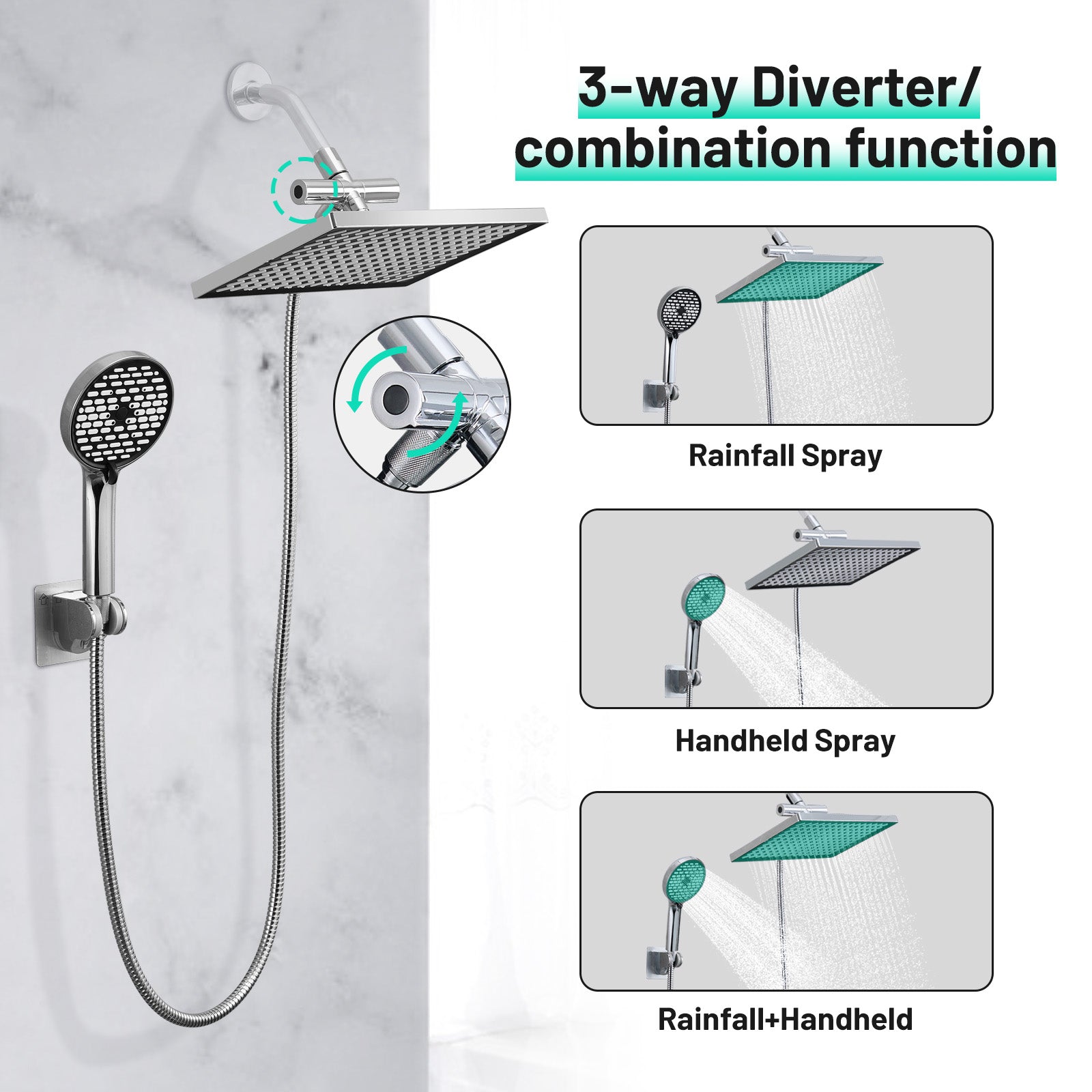 Rainfall Shower Head Combo 6-Spray 12 in. Wall Mount Dual Shower Heads and Handheld Shower Head with 1.8 GPM in Chrome