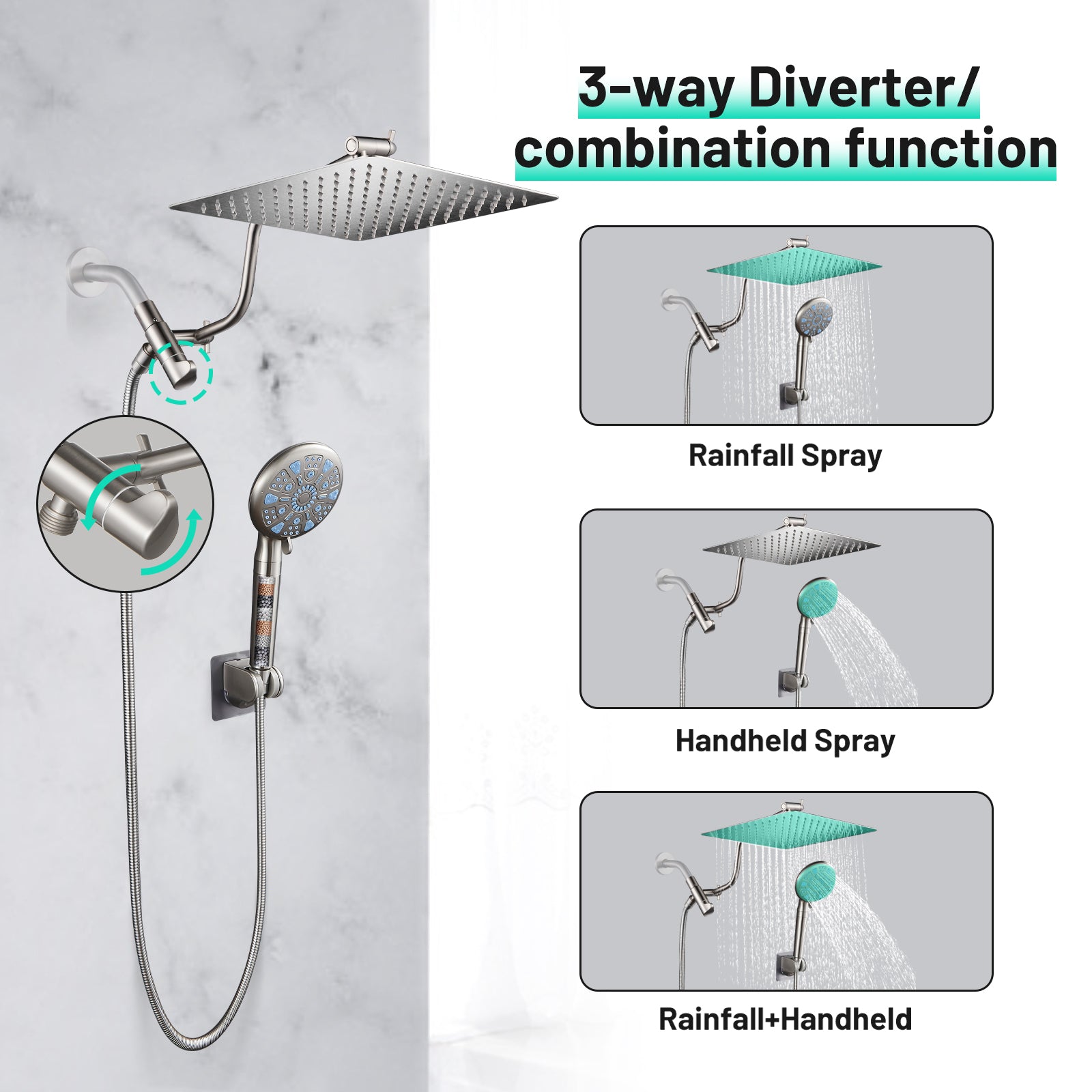 Rainfull 2-in-1 9-Spray Patterns Adjustable Wall Mount Shower Head with Filter 2.5 GPM and Handheld Shower Head in Nickel