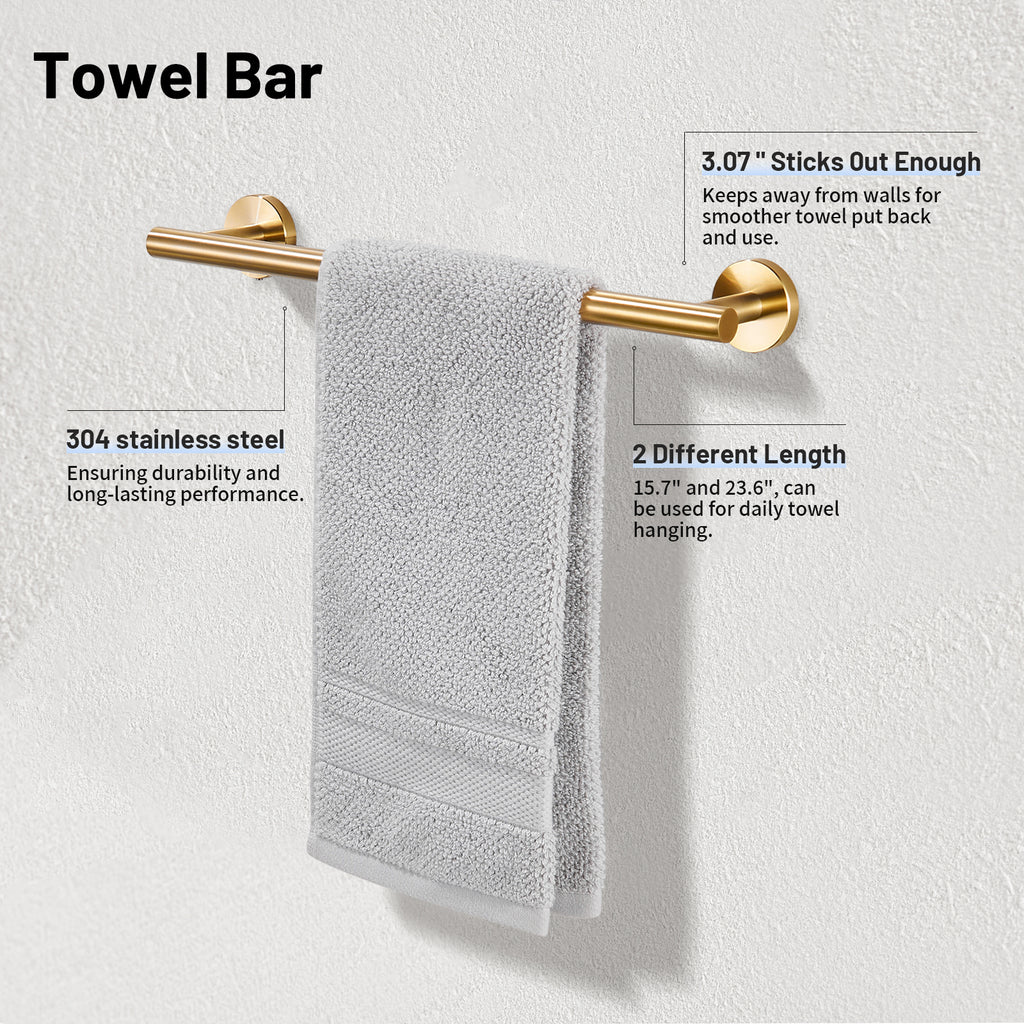 Modern 6-Pieces Stainless Steel Bath Hardware Set with Towel Ring Toilet Paper Holder Towel Hook and Towel Bar in Gold