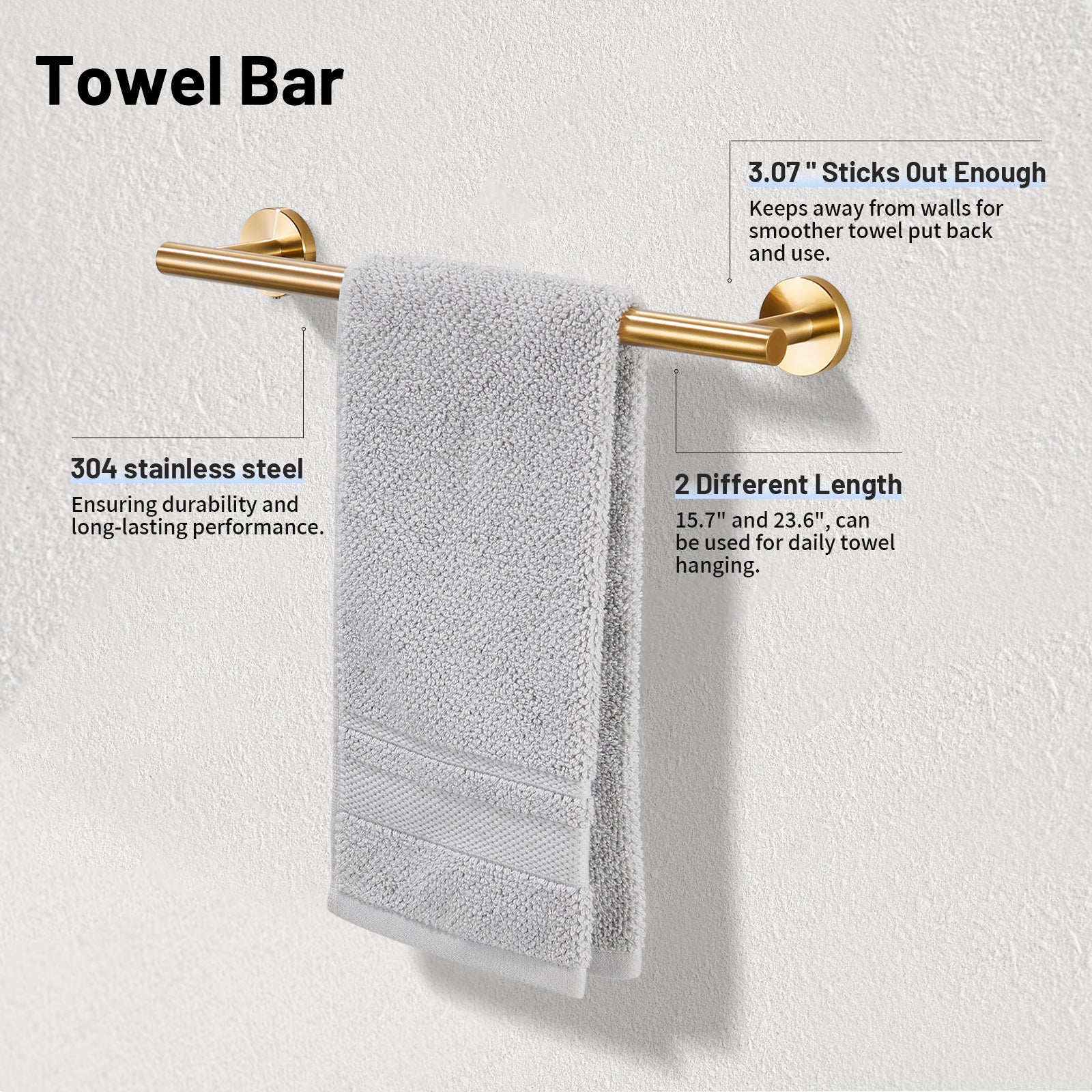 Modern 6-Pieces Stainless Steel Bath Hardware Set with Towel Ring Toilet Paper Holder Towel Hook and Towel Bar in Gold