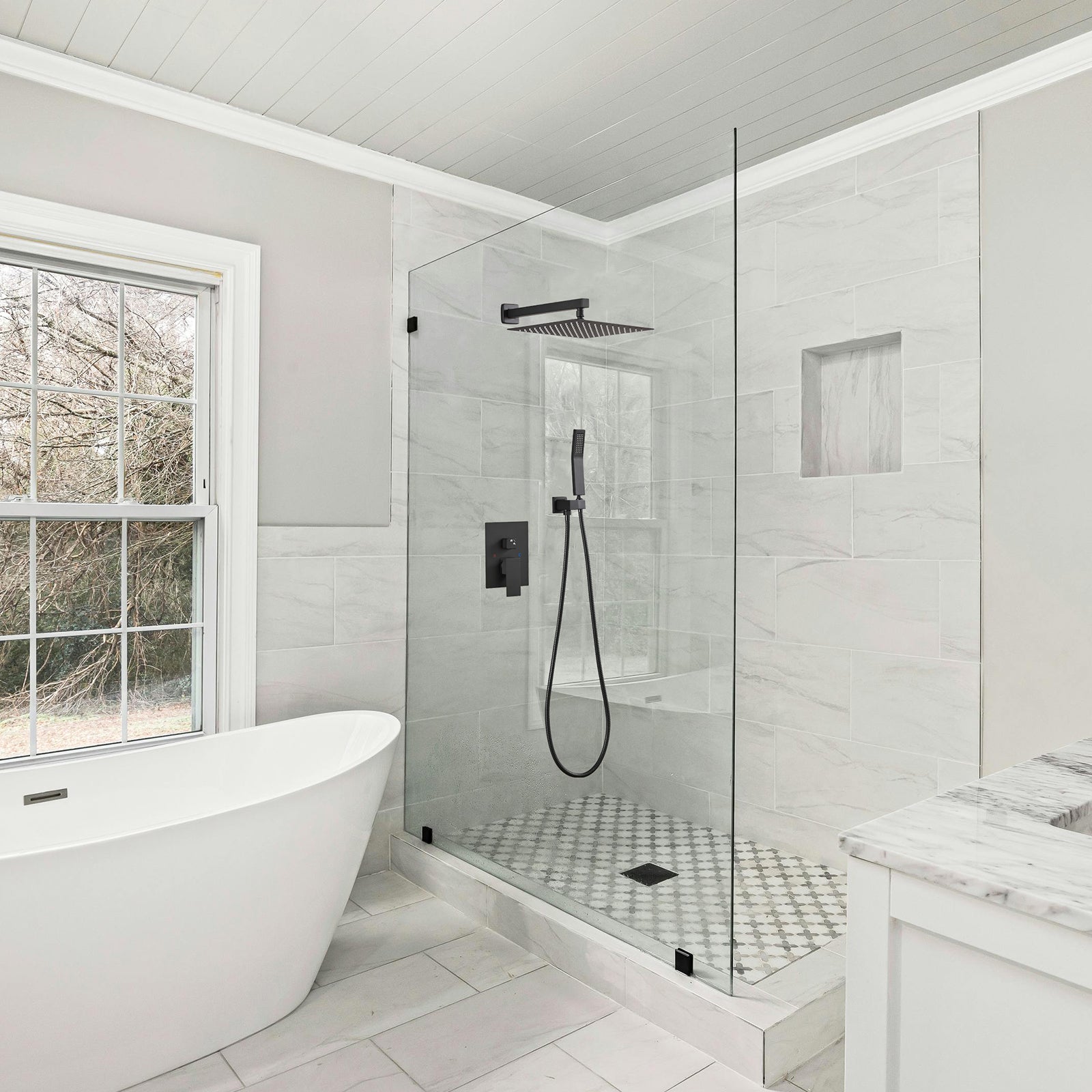 12 " Rain Single Handle 1-Spray Shower Faucet Kit Handheld Combo with Valve 1.8 GPM Adjustable Dual Shower Head in Black