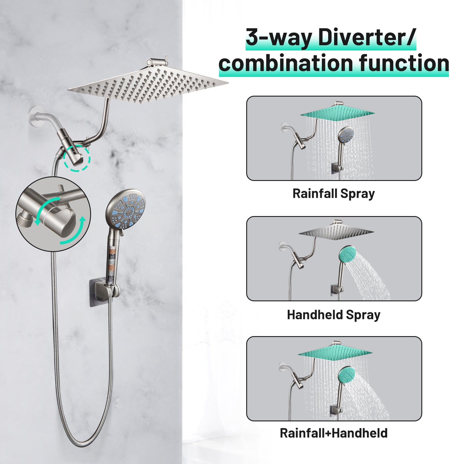 Rain Shower Head Combo 1.8 GPM 5-Spray 8 " Wall Mount Dual Shower Heads and Handheld Shower Head in Brushed Nicke