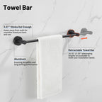 Modern 3-Piece Aluminum Bath Hardware Set with Retractable Towel Bar Towel Ring Toilet Paper Holder in Black