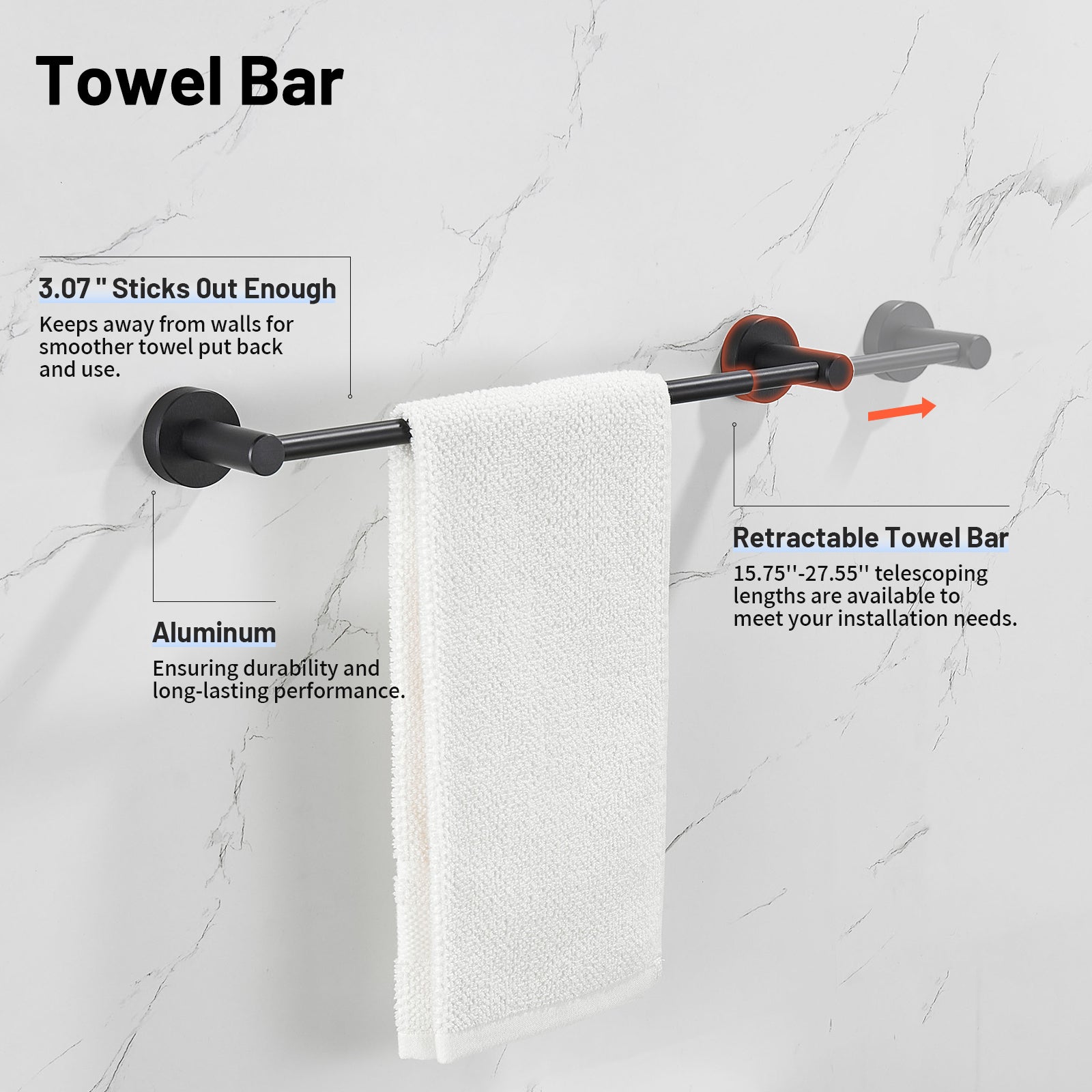 Modern 3-Piece Aluminum Bath Hardware Set with Retractable Towel Bar Towel Ring Toilet Paper Holder in Black