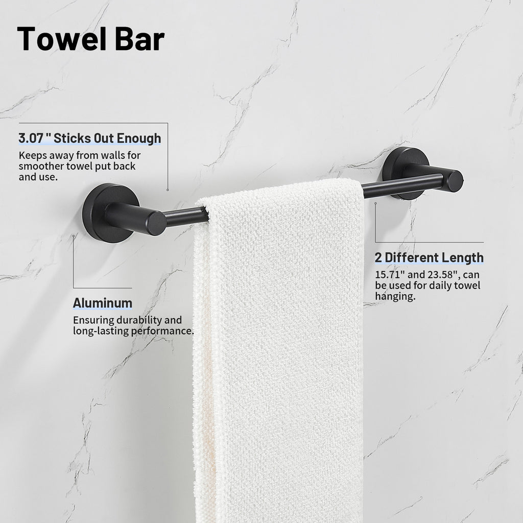 Modern 6-Pieces Aluminum Bath Hardware Set with Towel Ring Toilet Paper Holder Towel Hook and Towel Bar in Black
