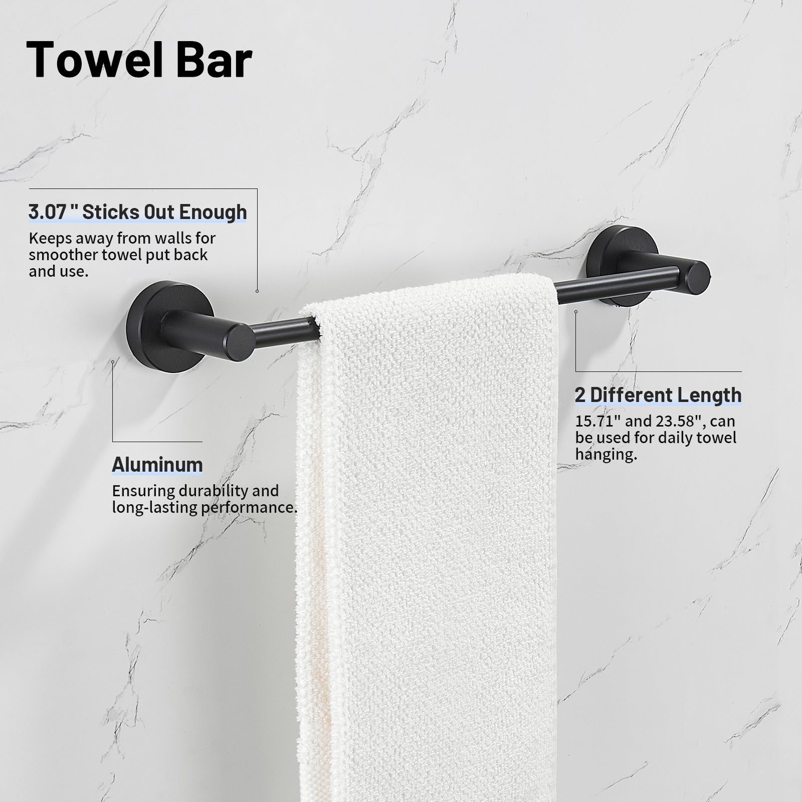 Modern 6-Pieces Aluminum Bath Hardware Set with Towel Ring Toilet Paper Holder Towel Hook and Towel Bar in Black