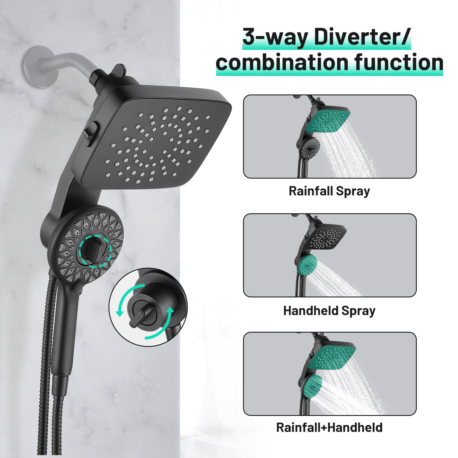 Magnetic 2-in-1 5-Spray  Adjustable Dual Shower Heads Wall Mount Fixed and Handheld Shower Head 2.5 GPM in Black