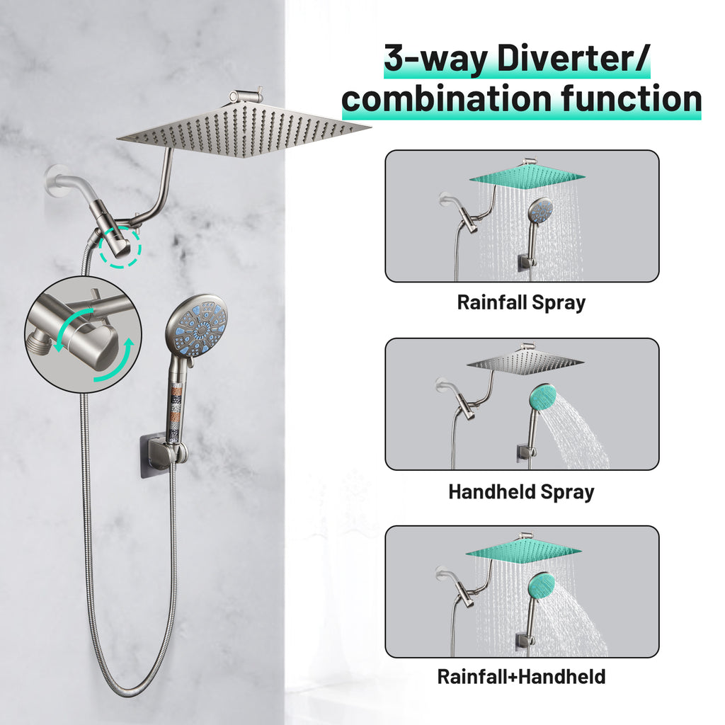 Rainfull 2-in-1 9-Spray Patterns Adjustable Wall Mount Shower Head with Filter 2.5 GPM and Handheld Shower Head in Nickel