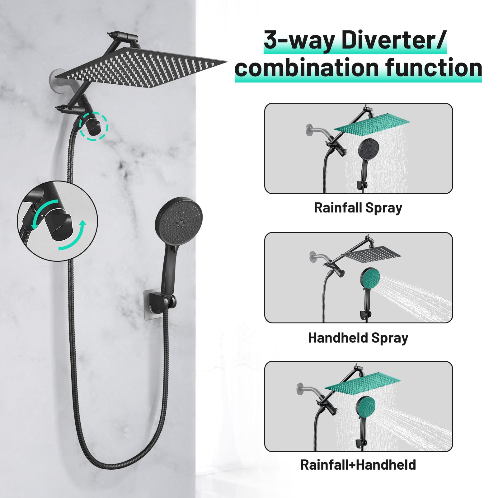 Rainfall Shower Head Combo 5-Spray 8 in. Wall Mount Dual Shower Heads and Handheld Shower Head with 1.8 GPM in Black
