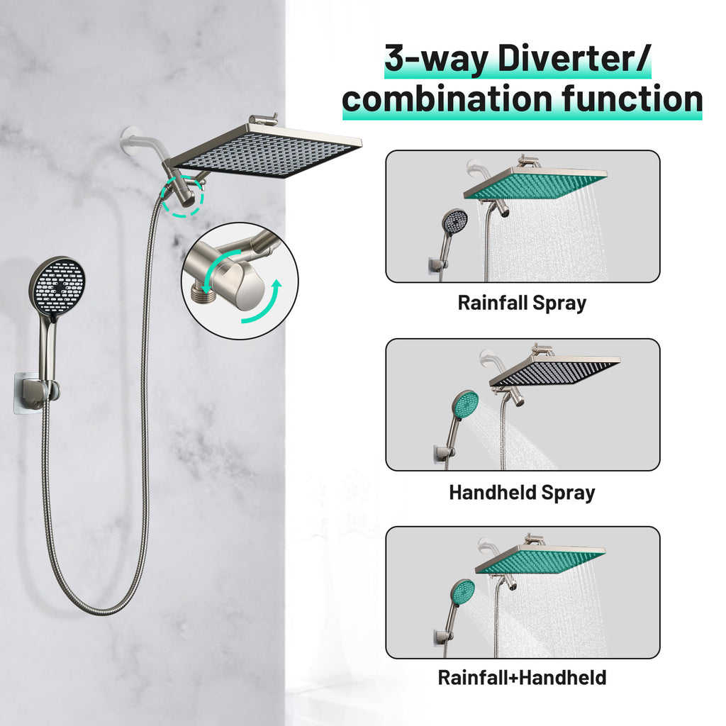 Rainfall Shower Head Combo 6-Spray 12 in. Wall Mount Dual Shower Heads and Handheld Head with 1.8 GPM in Brushed Nickel