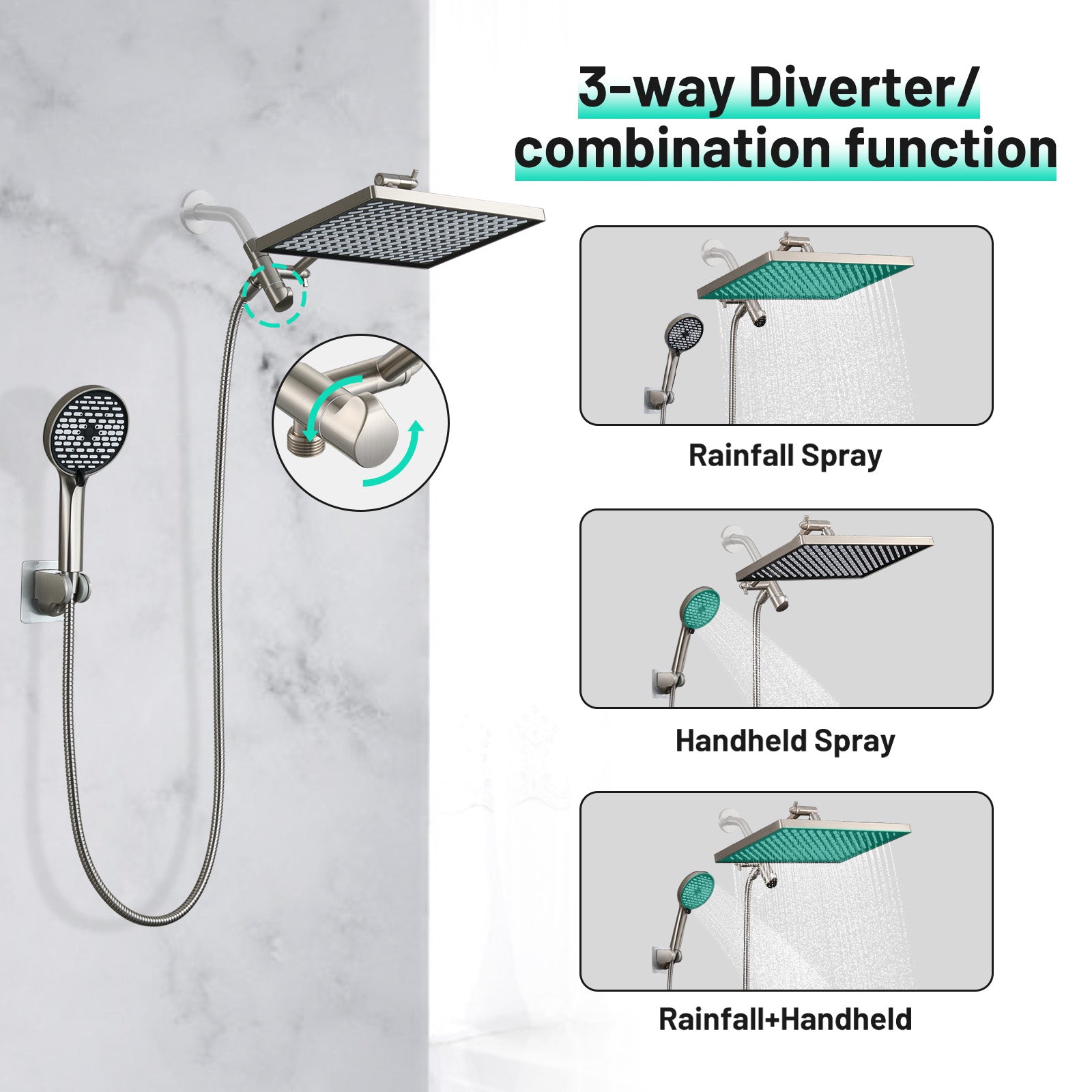 Rainfall Shower Head Combo 6-Spray 12 in. Wall Mount Dual Shower Heads and Handheld Head with 1.8 GPM in Brushed Nickel