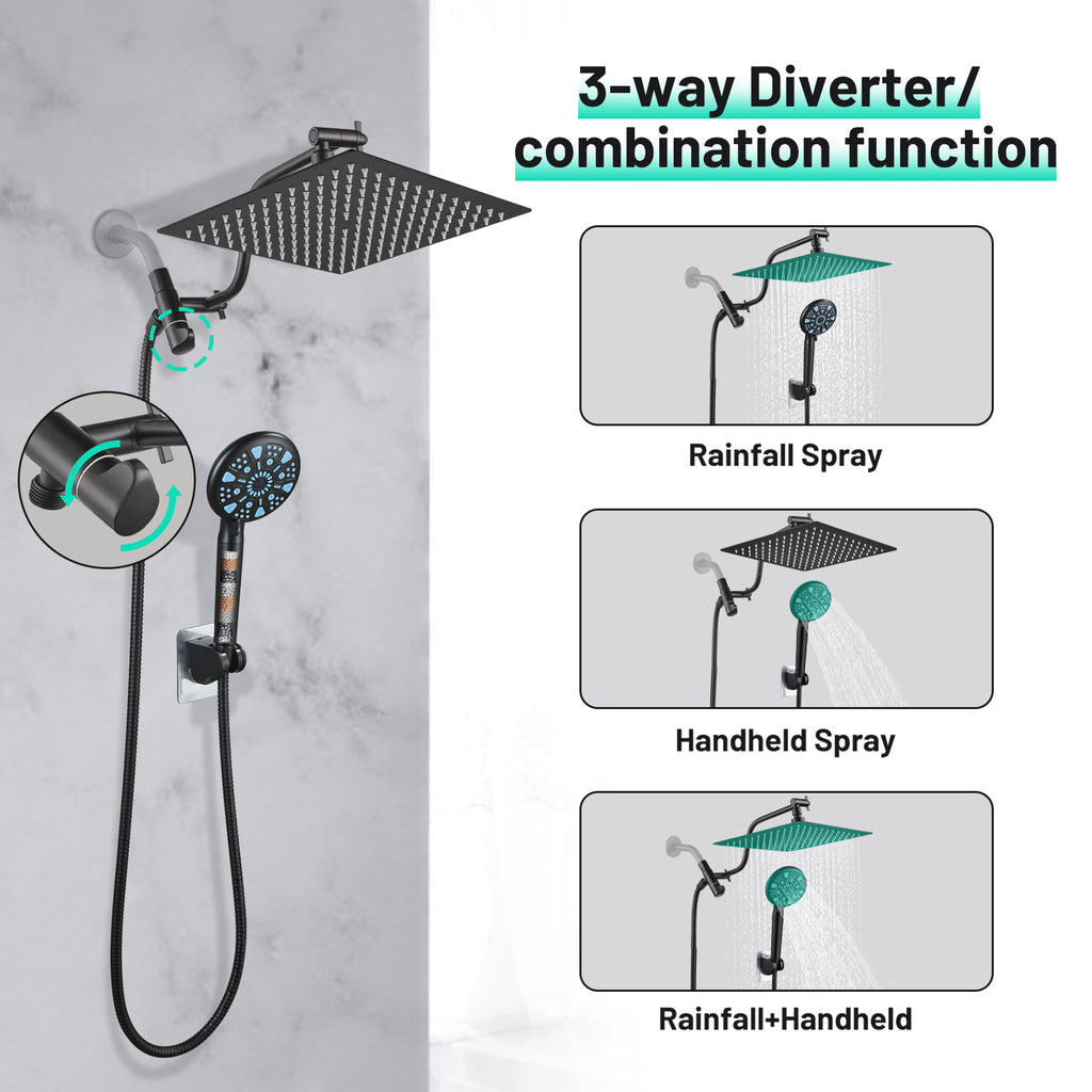 Rainfull 5-Spray Patterns 10 in. Wall Mount Dual Shower Heads and Handheld Shower Head 1.8 GPM in Matte Black