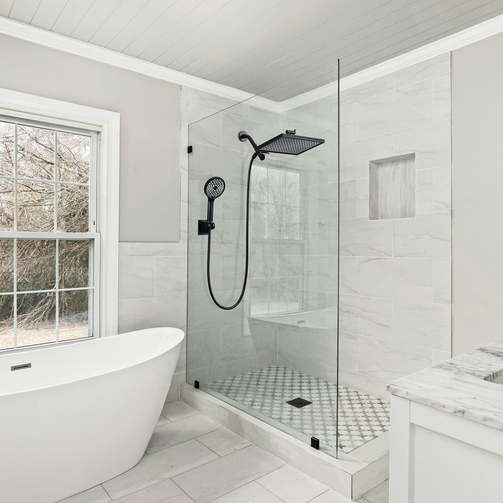 Rainfull 2-in-1 6-Spray 12 in. Wall Mount filtered Dual Shower Head Fixed and Handheld Shower Head 1.8  GPM in Black