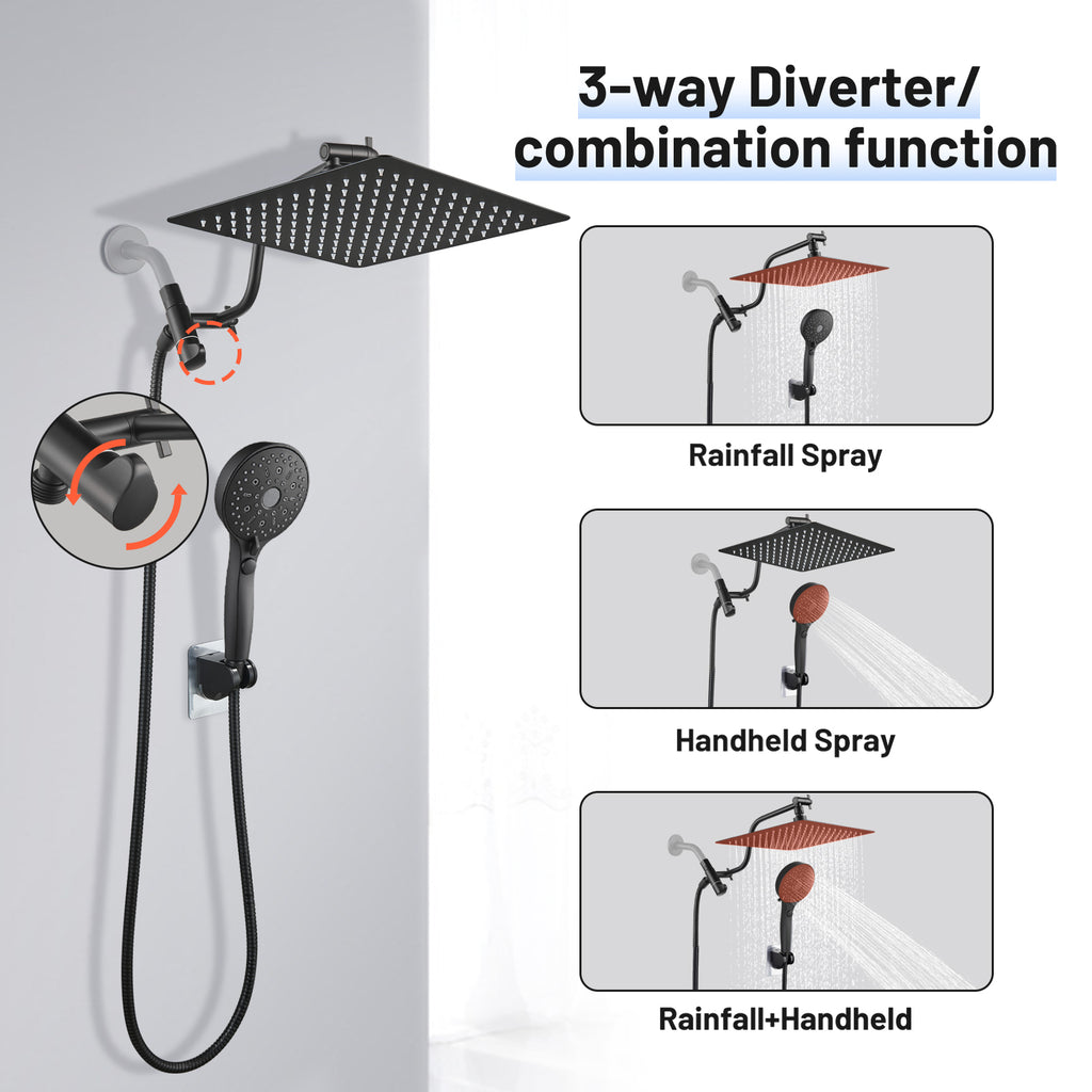 Rainfall Shower Head Combo 12-Spray 12 in. Wall Mount Dual Shower Heads and Handheld Shower Head with 1.8 GPM in Black
