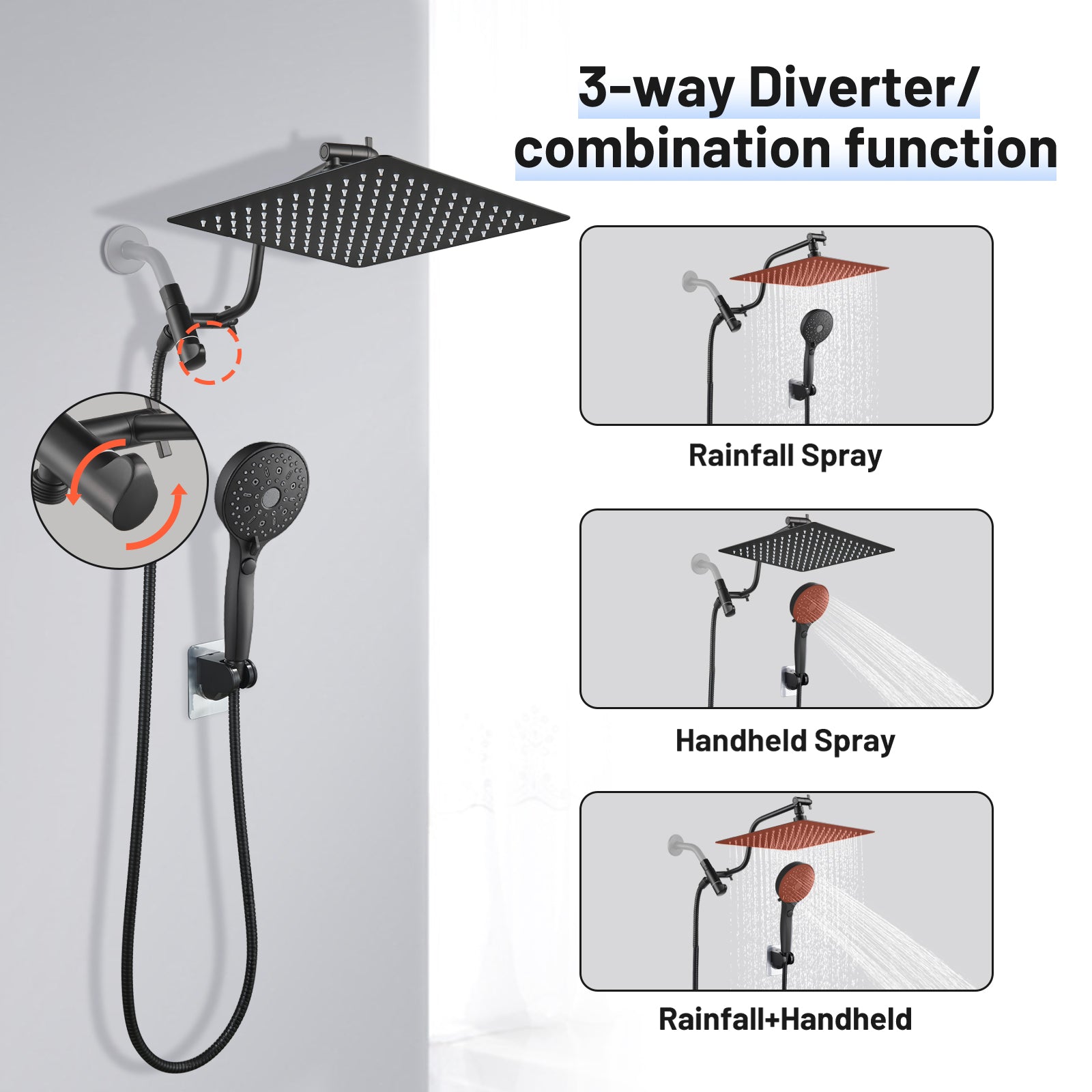 Rainfall Shower Head Combo 12-Spray 12 in. Wall Mount Dual Shower Heads and Handheld Shower Head with 1.8 GPM in Black