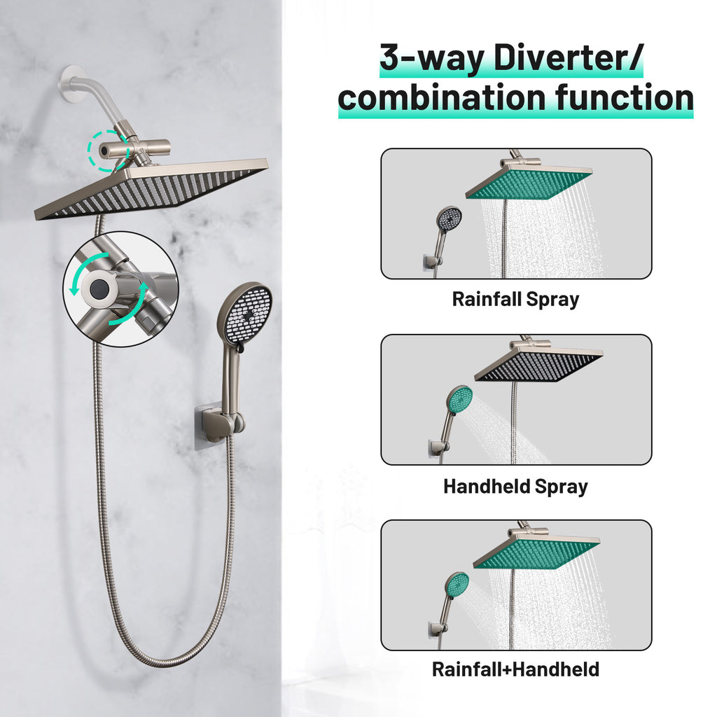 Rainfall Shower Head Combo 6-Spray 12 in. Wall Mount Dual Shower Heads and Handheld Head with 1.8 GPM in Brushed Nickel