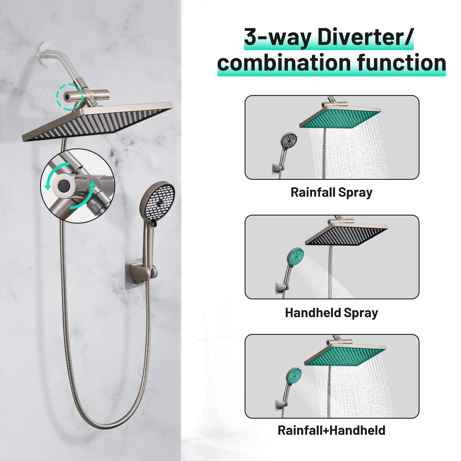 Rainfall Shower Head Combo 6-Spray 12 in. Wall Mount Dual Shower Heads and Handheld Head with 1.8 GPM in Brushed Nickel