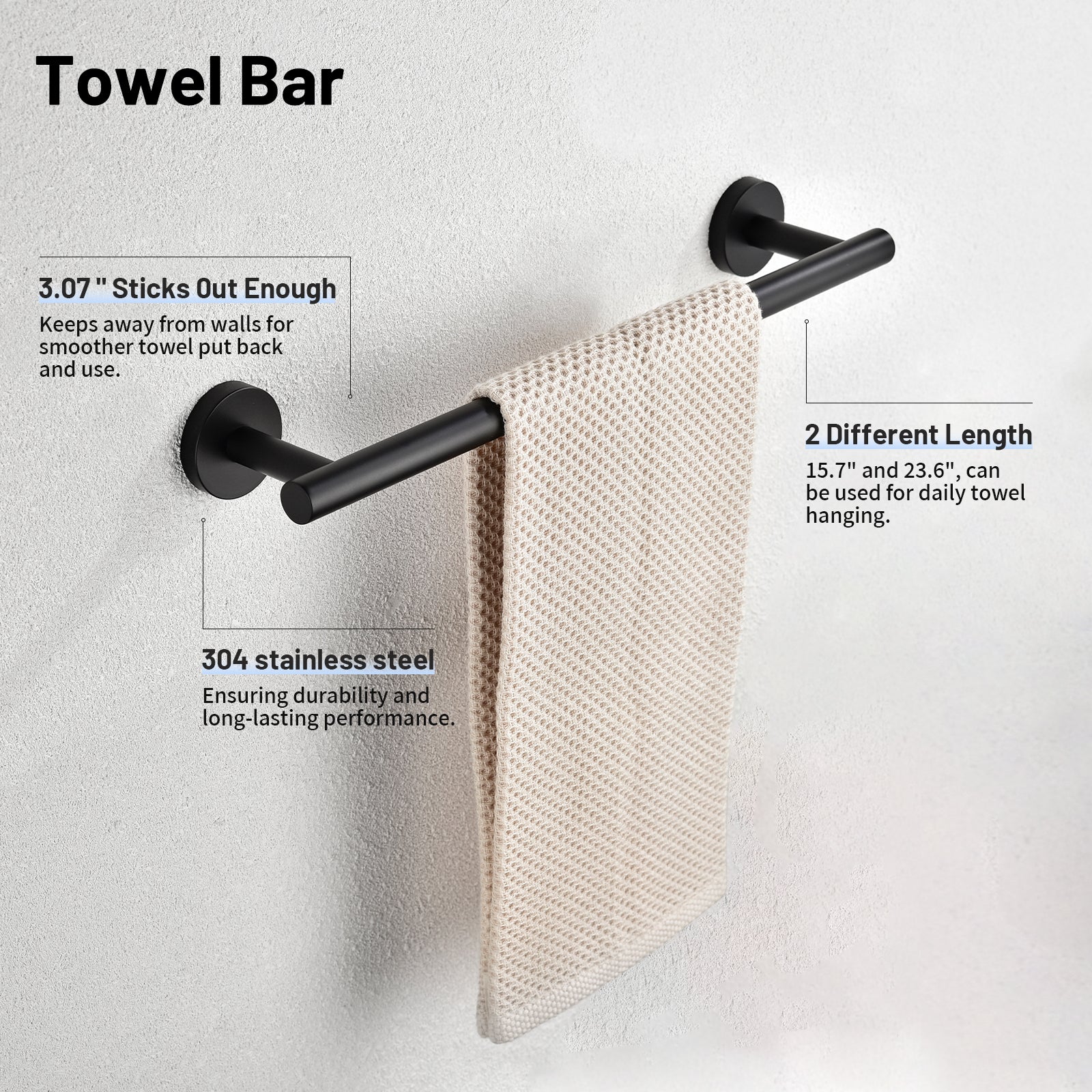 Modern 6-Pieces Stainless Steel Bath Hardware Set with Towel Ring Toilet Paper Holder Towel Hook and Towel Bar in Black