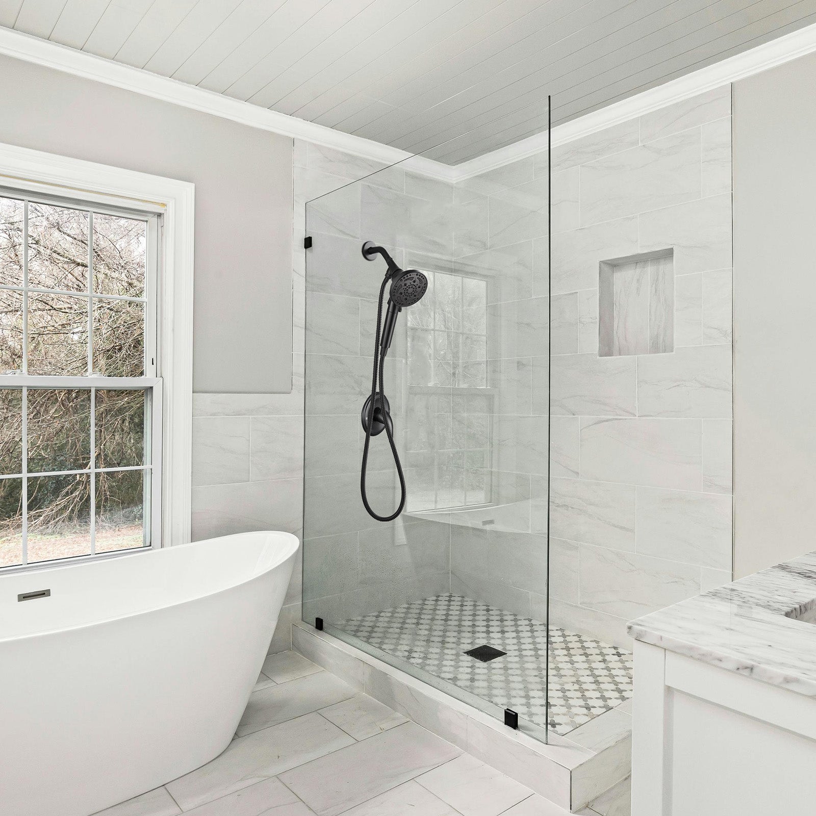 7-Spray Pattern 4.92 in. Wall Mount Handheld Shower Heads 1.8 GPM with Filter，Removable Shower hose in Matte Black