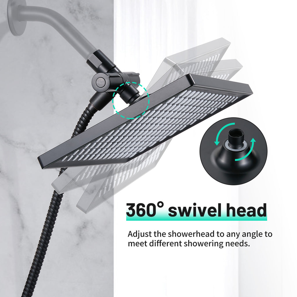 Rainfall Shower Head Combo 6-Spray 12 in. Wall Mount Dual Shower Heads and Handheld Shower Head with 1.8 GPM in Black