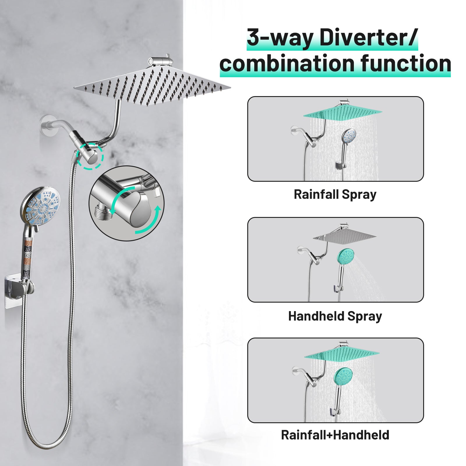 Rainfall Shower Head Combo 5-Spray 8 in. Wall Mount Dual Shower Heads and Handheld Shower Head with 1.8 GPM in Chrome