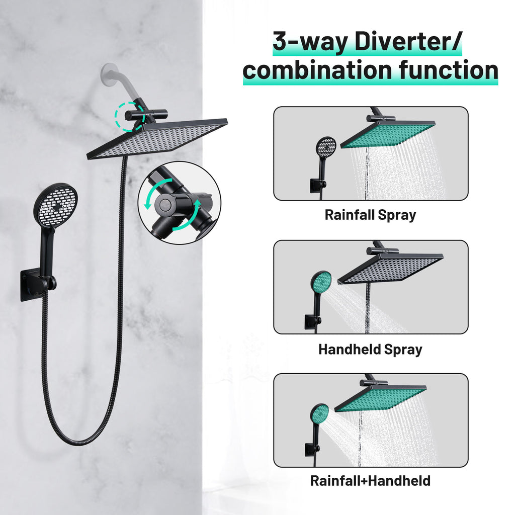 Rainfall Shower Head Combo 6-Spray 12 in. Wall Mount Dual Shower Heads and Handheld Shower Head with 1.8 GPM in Black
