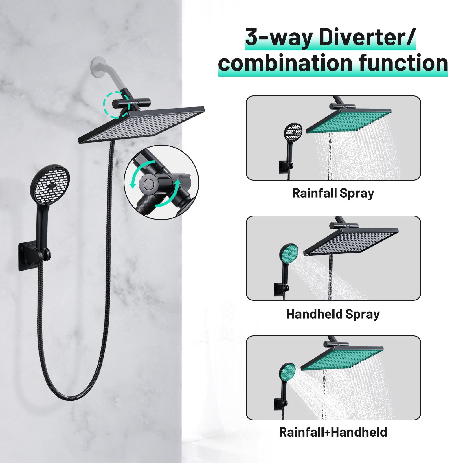 Rainfall Shower Head Combo 6-Spray 12 in. Wall Mount Dual Shower Heads and Handheld Shower Head with 1.8 GPM in Black