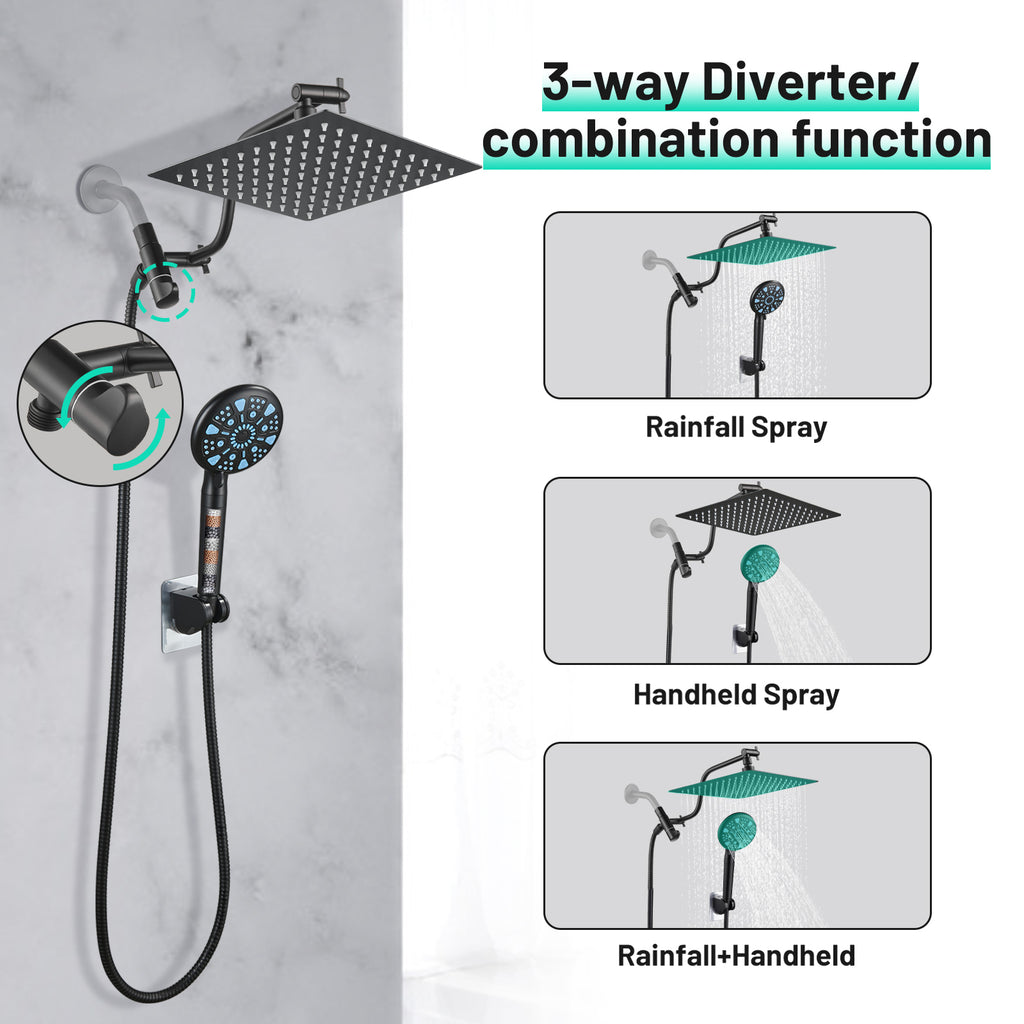 Rainfull 2-in-1 9-Spray Patterns Adjustable Wall Mount Shower Head with Filter 2.5 GPM and Handheld Shower Head in Black