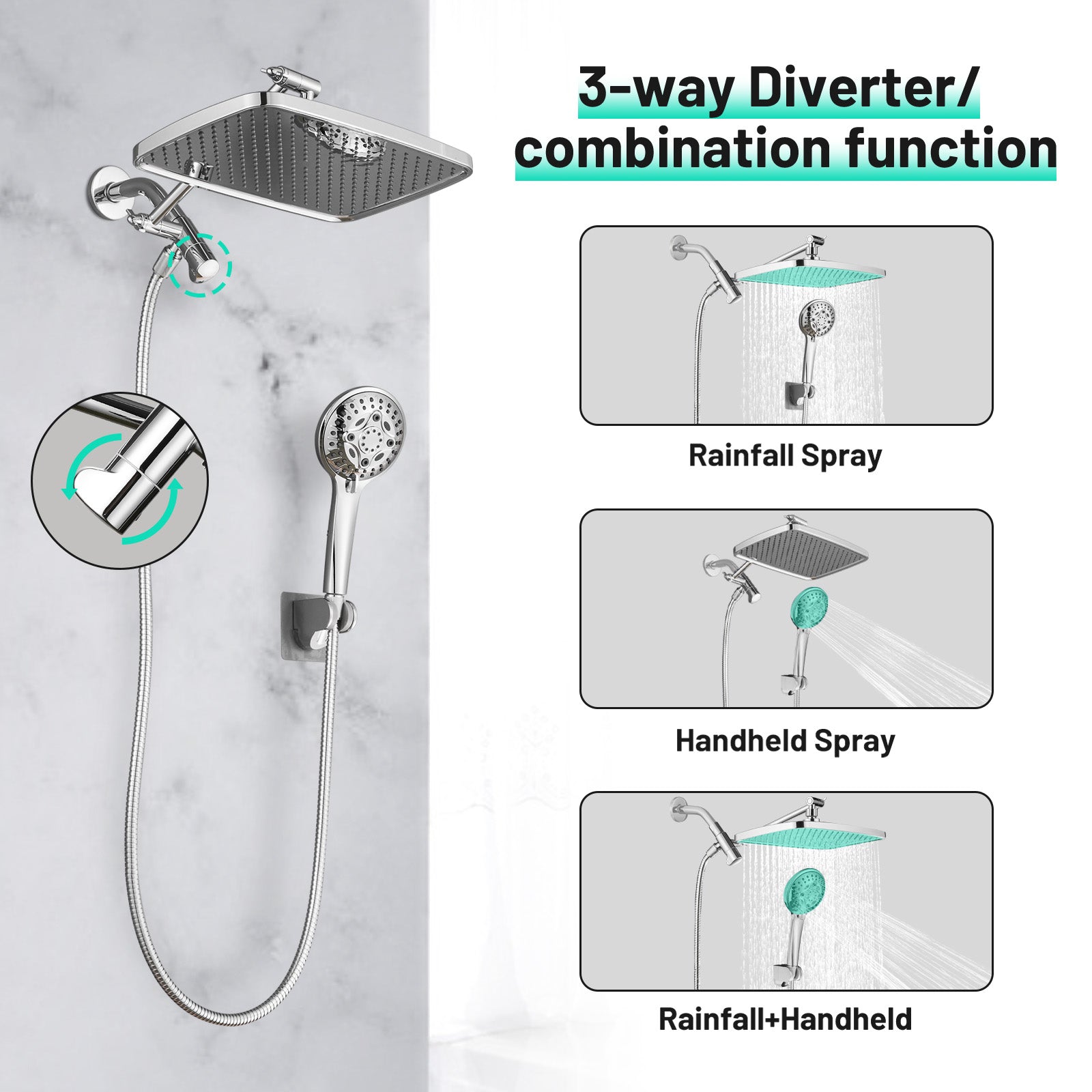 Rainfull 2-in-1 8-Spray Patterns with 1.8 GPM 12 in. Wall Mount Dual Shower Head and Handheld Shower Head in Chrome