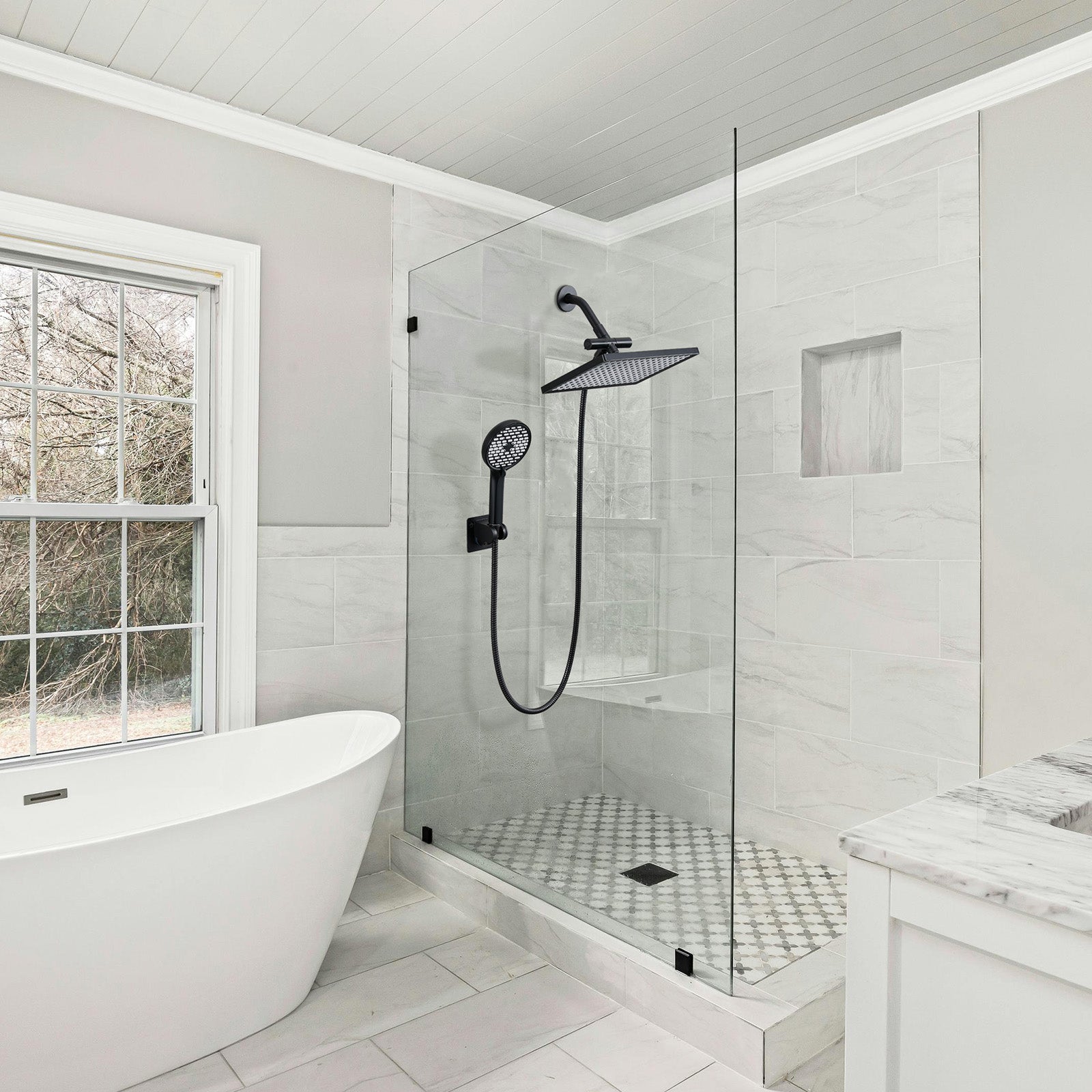 Rainfall Shower Head Combo 6-Spray 12 in. Wall Mount Dual Shower Heads and Handheld Shower Head with 1.8 GPM in Black