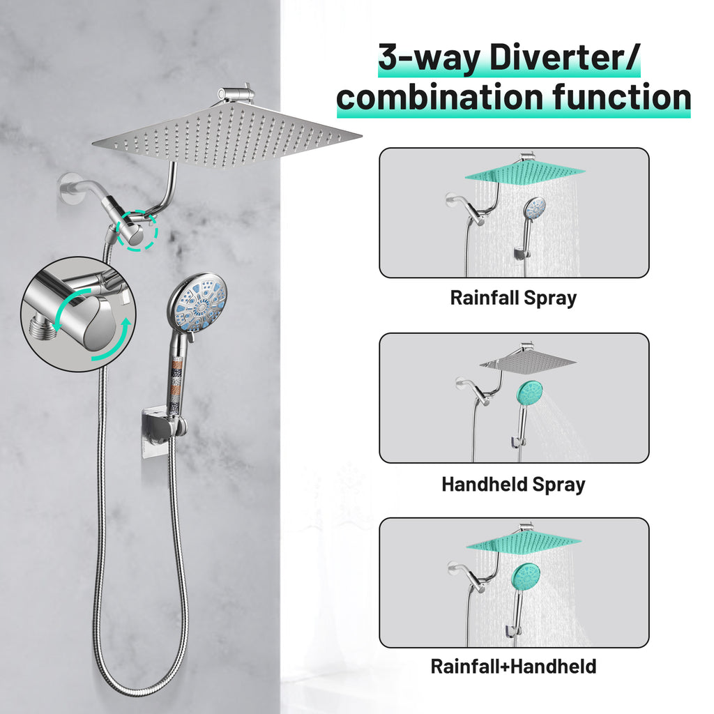 Rainfull 2-in-1 9-Spray Patterns Adjustable Fixed Shower Head with Filter 1.8 GPM and Handheld Shower Head in Chrome