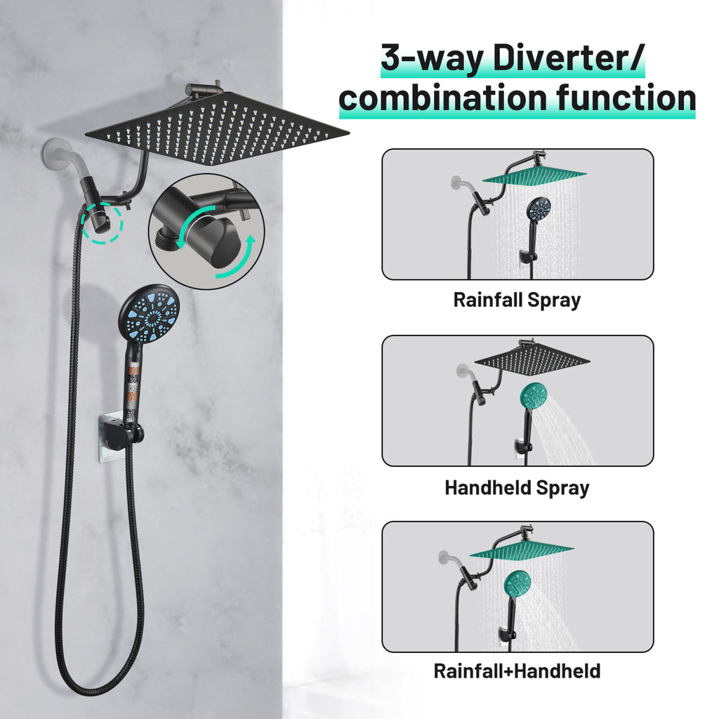 Rainfull 2-in-1 9-Spray Patterns Adjustable Fixed Shower Head with Filter 1.8 GPM and Handheld Shower Head in Black