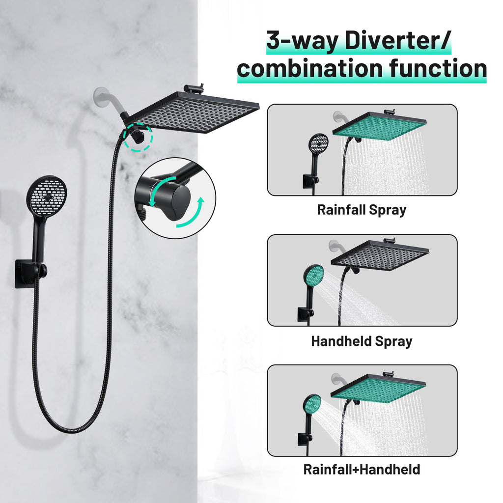 Rainfull 2-in-1 6-Spray 12 in. Wall Mount filtered Dual Shower Head Fixed and Handheld Shower Head 1.8  GPM in Black