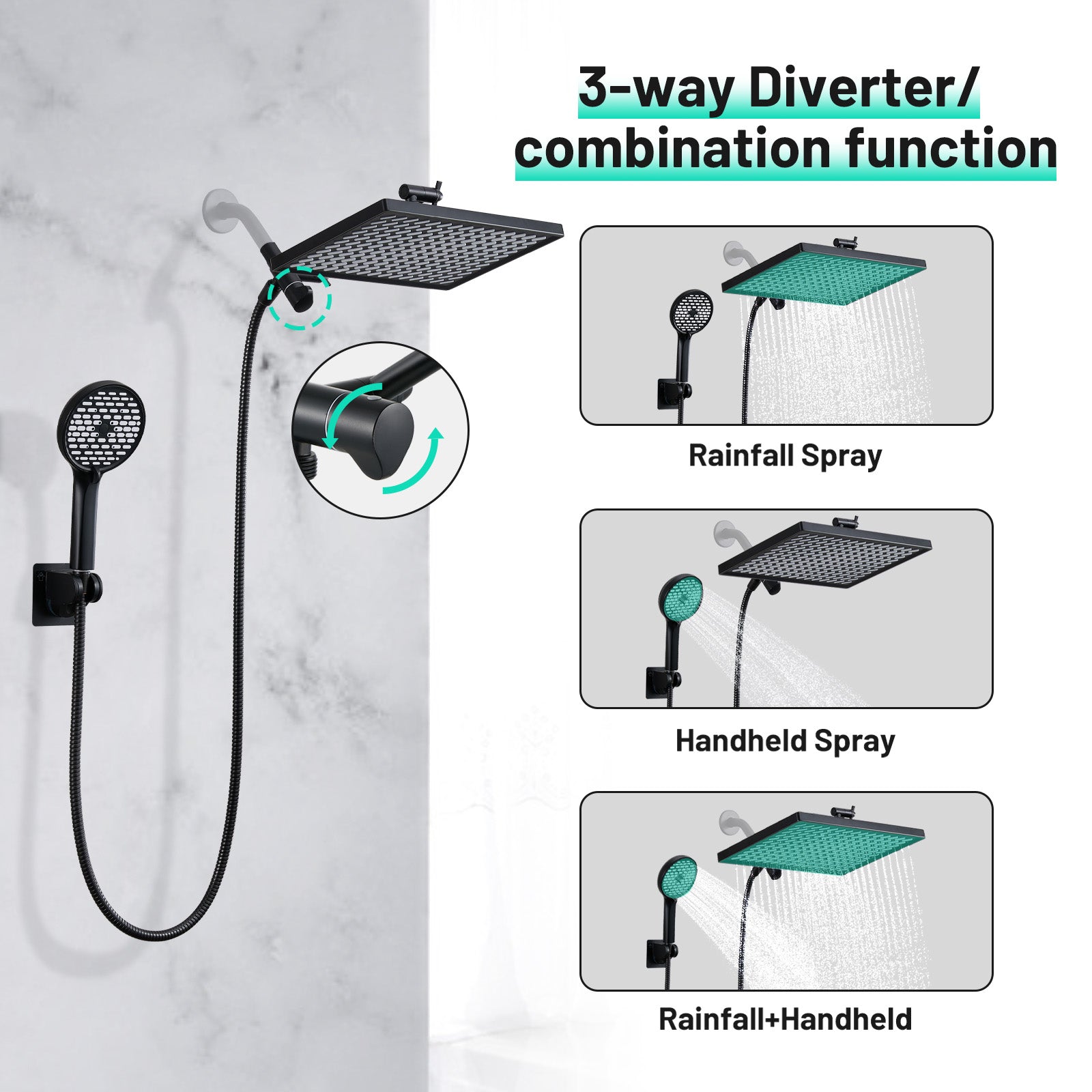 Rainfull 2-in-1 6-Spray 12 in. Wall Mount filtered Dual Shower Head Fixed and Handheld Shower Head 1.8  GPM in Black