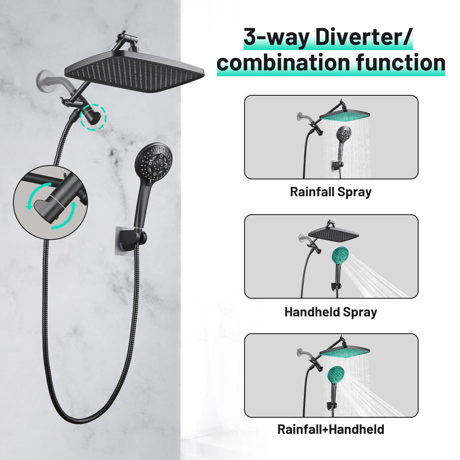 Rainfull 2-in-1 8-Spray Patterns with 1.8 GPM 12 in. Wall Mount Dual Shower Head and Handheld Shower Head in Black