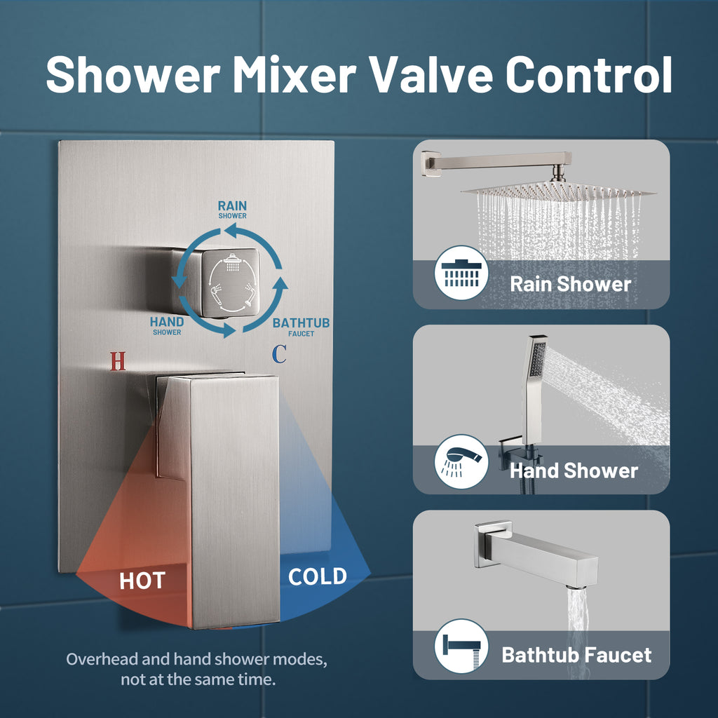 Rain Single Handle 1-Spray Tub Shower Faucet 2.5 GPM Handheld Combo with Valve 10 in. Pressure Balance in Brushed Nickel