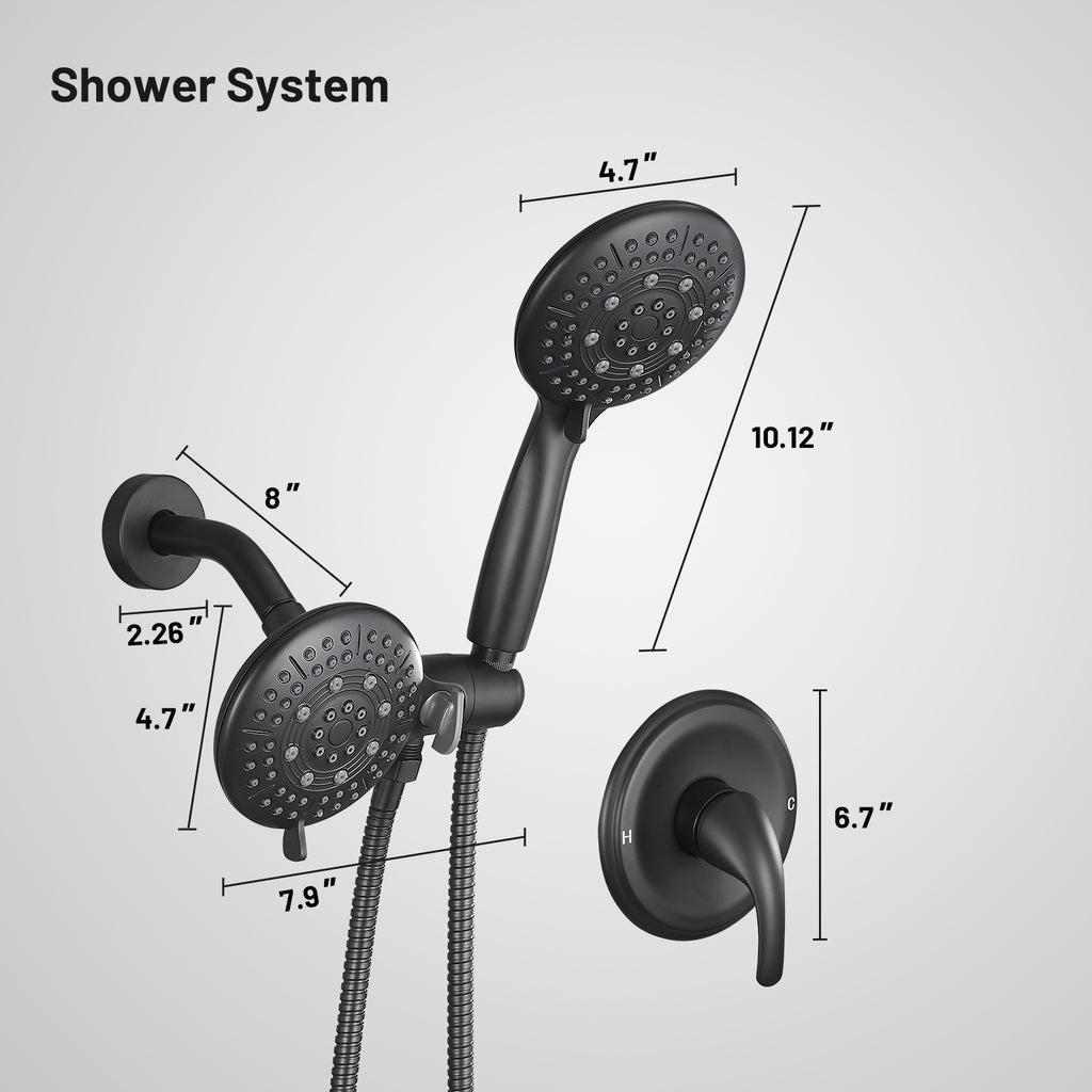 4.7 " Single Handle 5-Spray Shower Faucet Kit Handheld Combo with Valve 1.8 GPM Adjustable Dual Shower Heads in Black