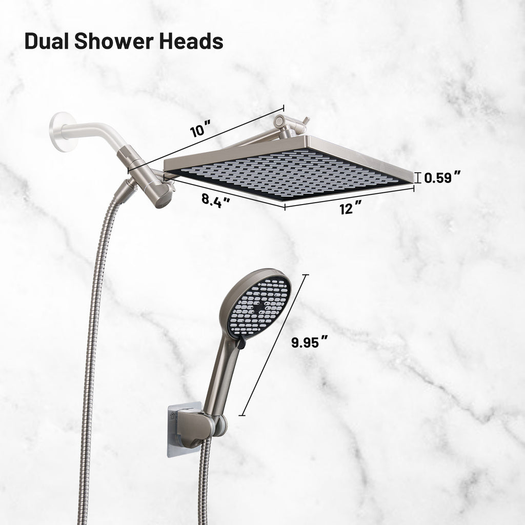 Rainfall Shower Head Combo 6-Spray 12 in. Wall Mount Dual Shower Heads and Handheld Head with 1.8 GPM in Brushed Nickel