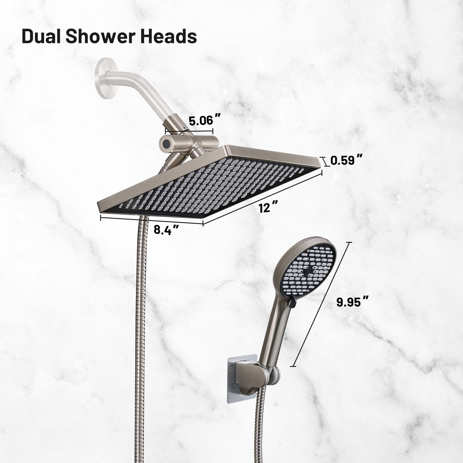 Rainfall Shower Head Combo 6-Spray 12 in. Wall Mount Dual Shower Heads and Handheld Head with 1.8 GPM in Brushed Nickel