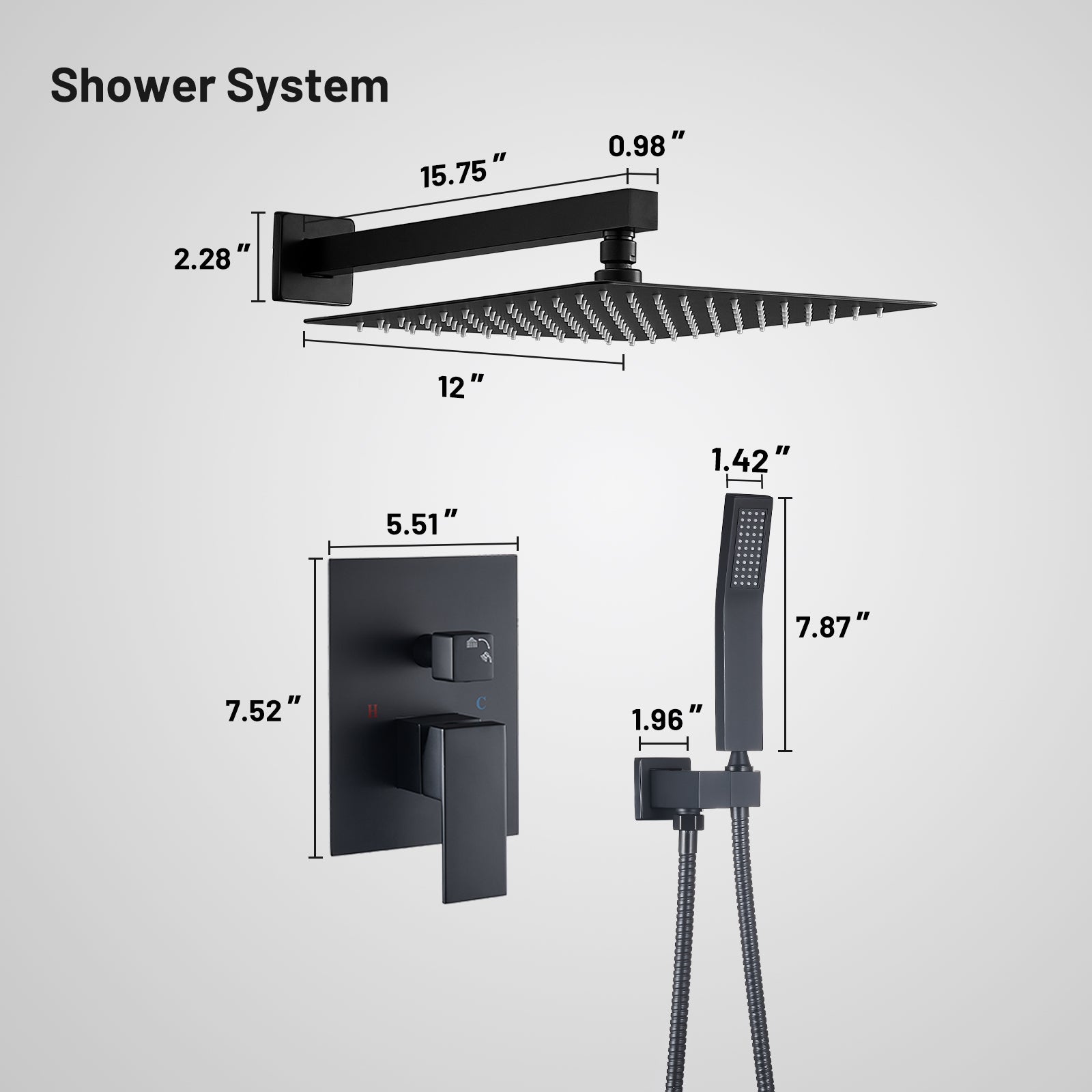12 " Rain Single Handle 1-Spray Shower Faucet Kit Handheld Combo with Valve 1.8 GPM Adjustable Dual Shower Head in Black