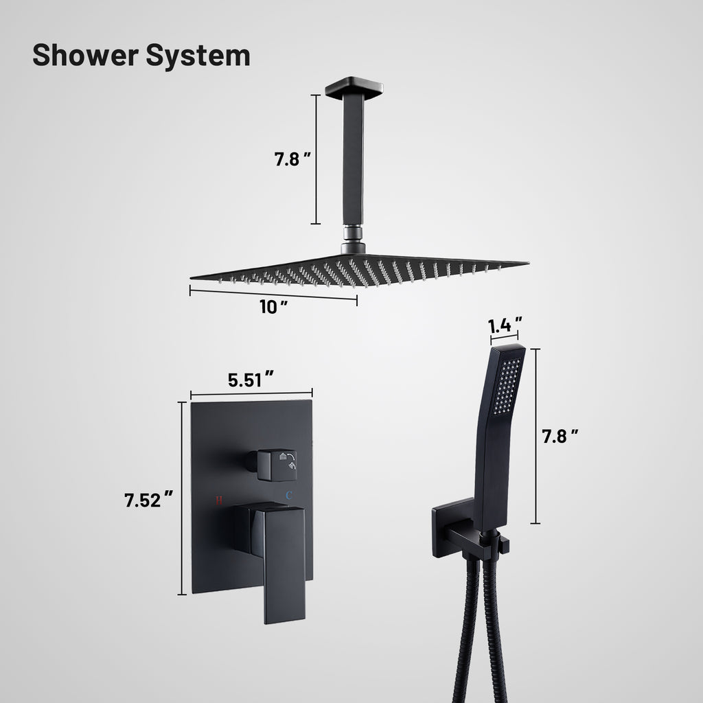 Rain Single Handle 1-Spray Shower Faucet 2.5 GPM 10 " with Valve Pressure Balance Dual Shower Heads in Black