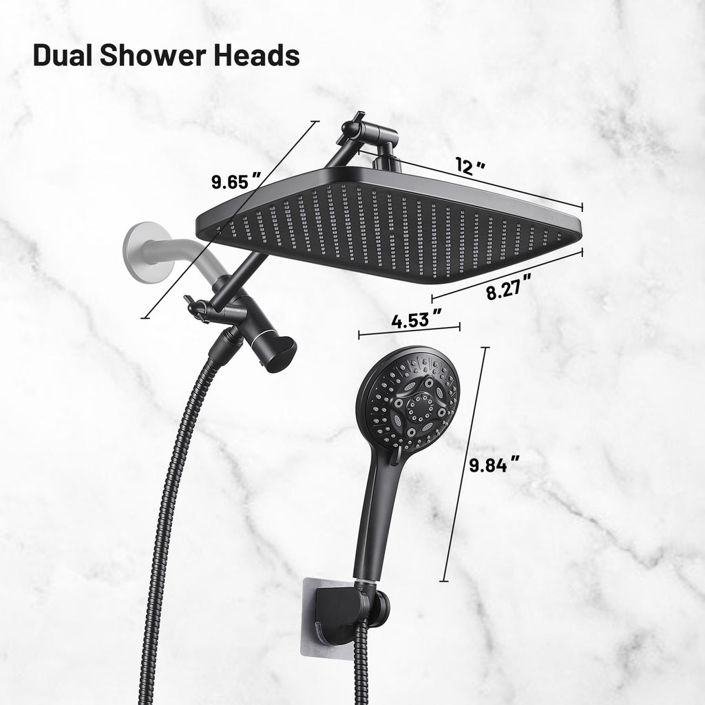 Rainfull 2-in-1 8-Spray Patterns with 1.8 GPM 12 in. Wall Mount Dual Shower Head and Handheld Shower Head in Black