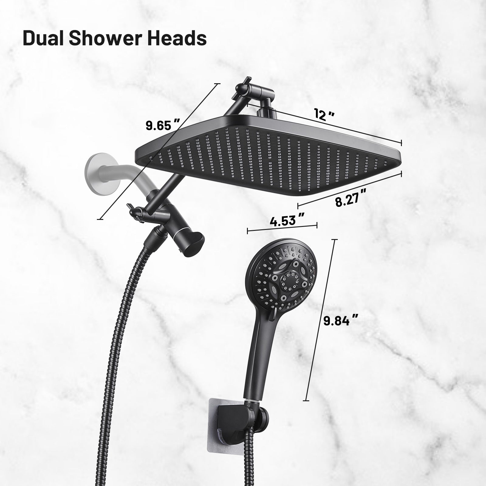 Rainfull 2-in-1 8-Spray Patterns with 1.8 GPM 12 in. Wall Mount Dual Shower Head and Handheld Shower Head in Black
