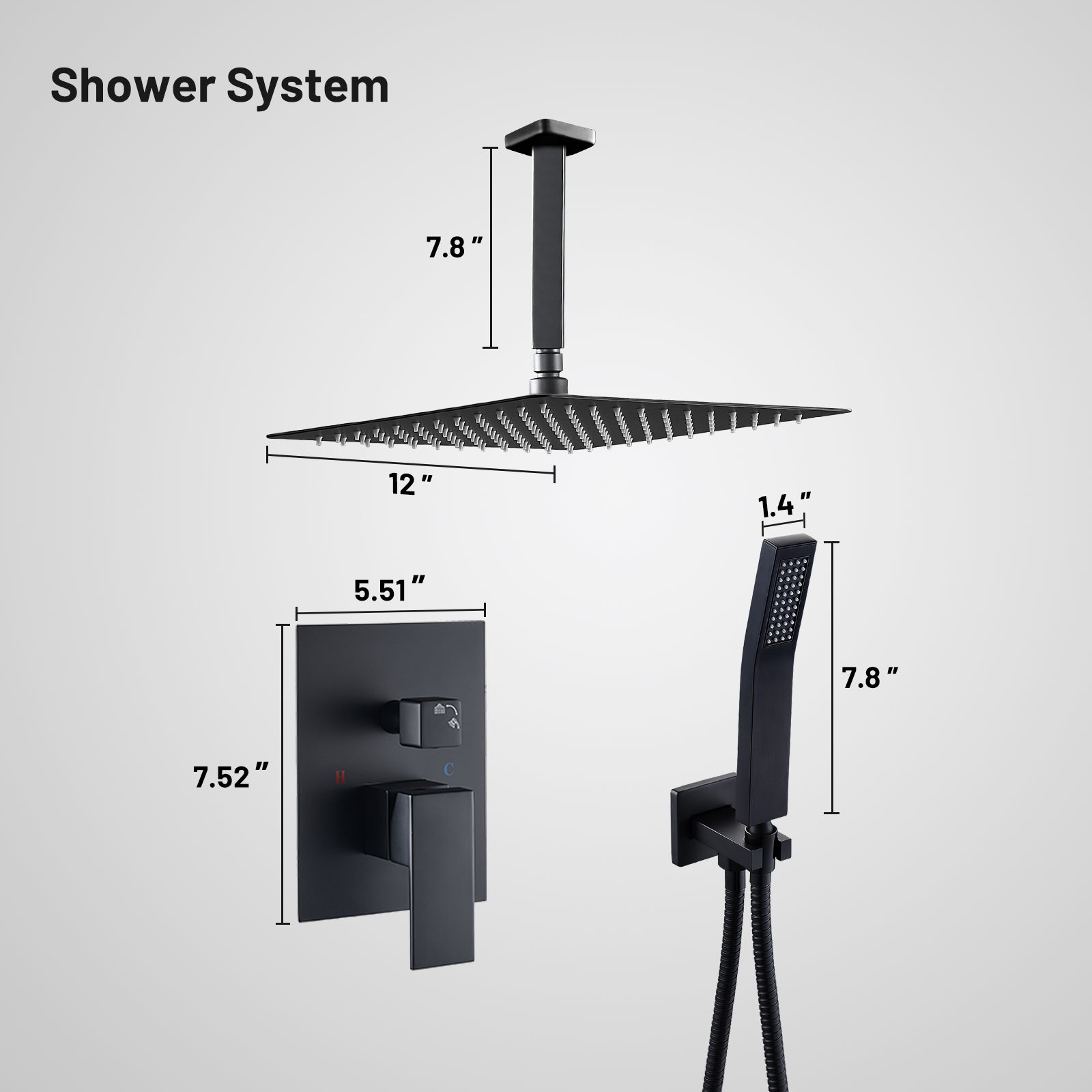 Rain Single Handle 1-Spray with Valve 1.8 GPM 12 " Shower Faucet Pressure Balance Dual Shower Heads in Black