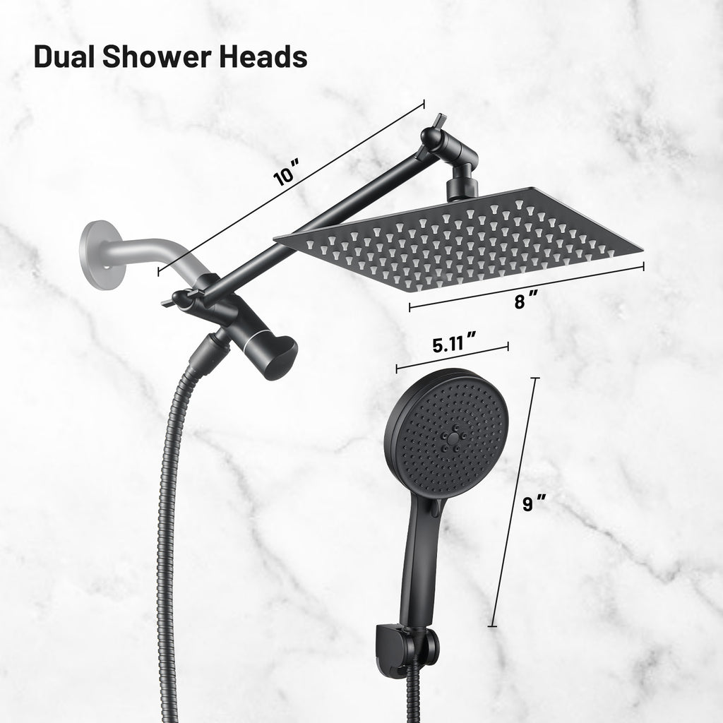 Rainfall Shower Head Combo 5-Spray 8 in. Wall Mount Dual Shower Heads and Handheld Shower Head with 1.8 GPM in Black