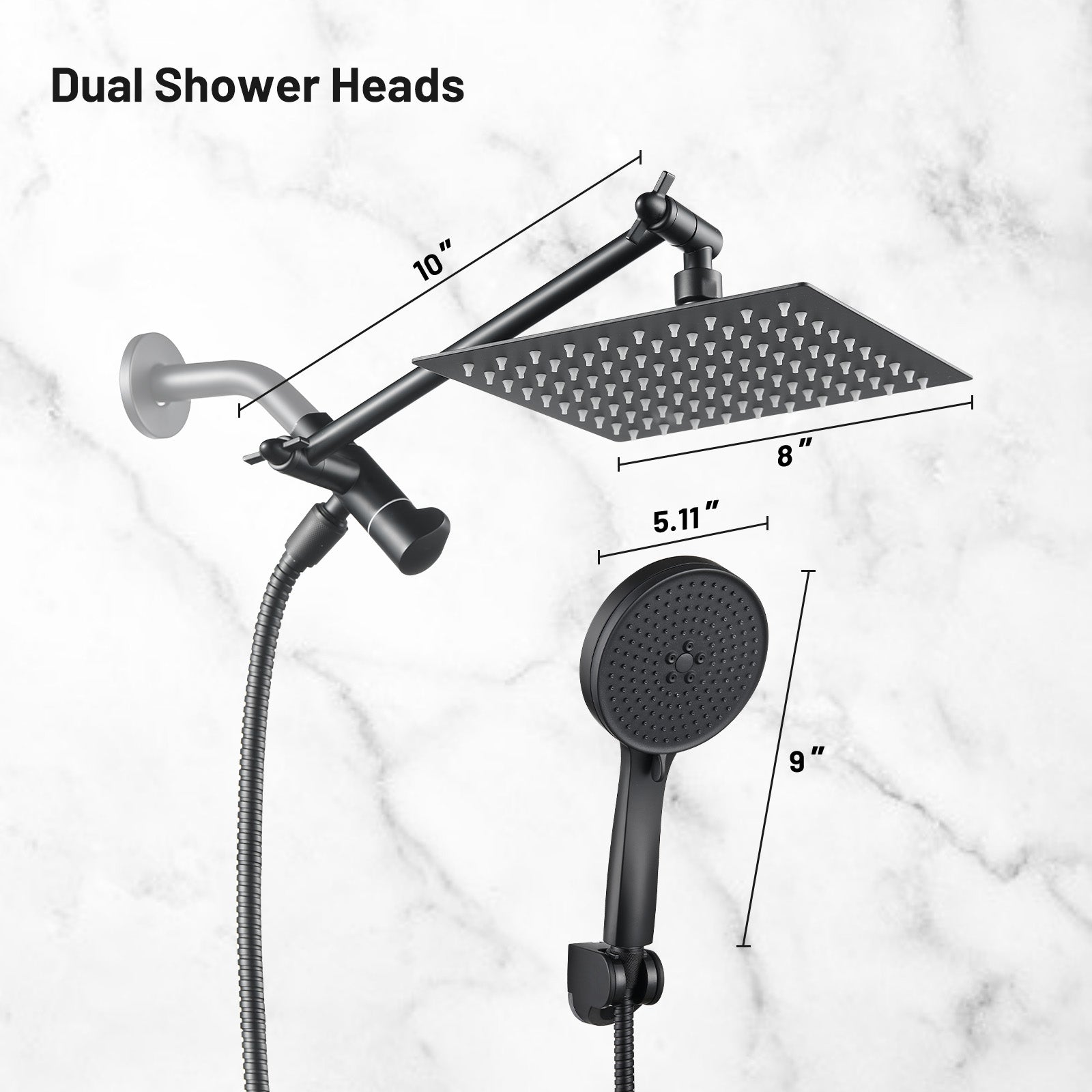 Rainfall Shower Head Combo 5-Spray 8 in. Wall Mount Dual Shower Heads and Handheld Shower Head with 1.8 GPM in Black