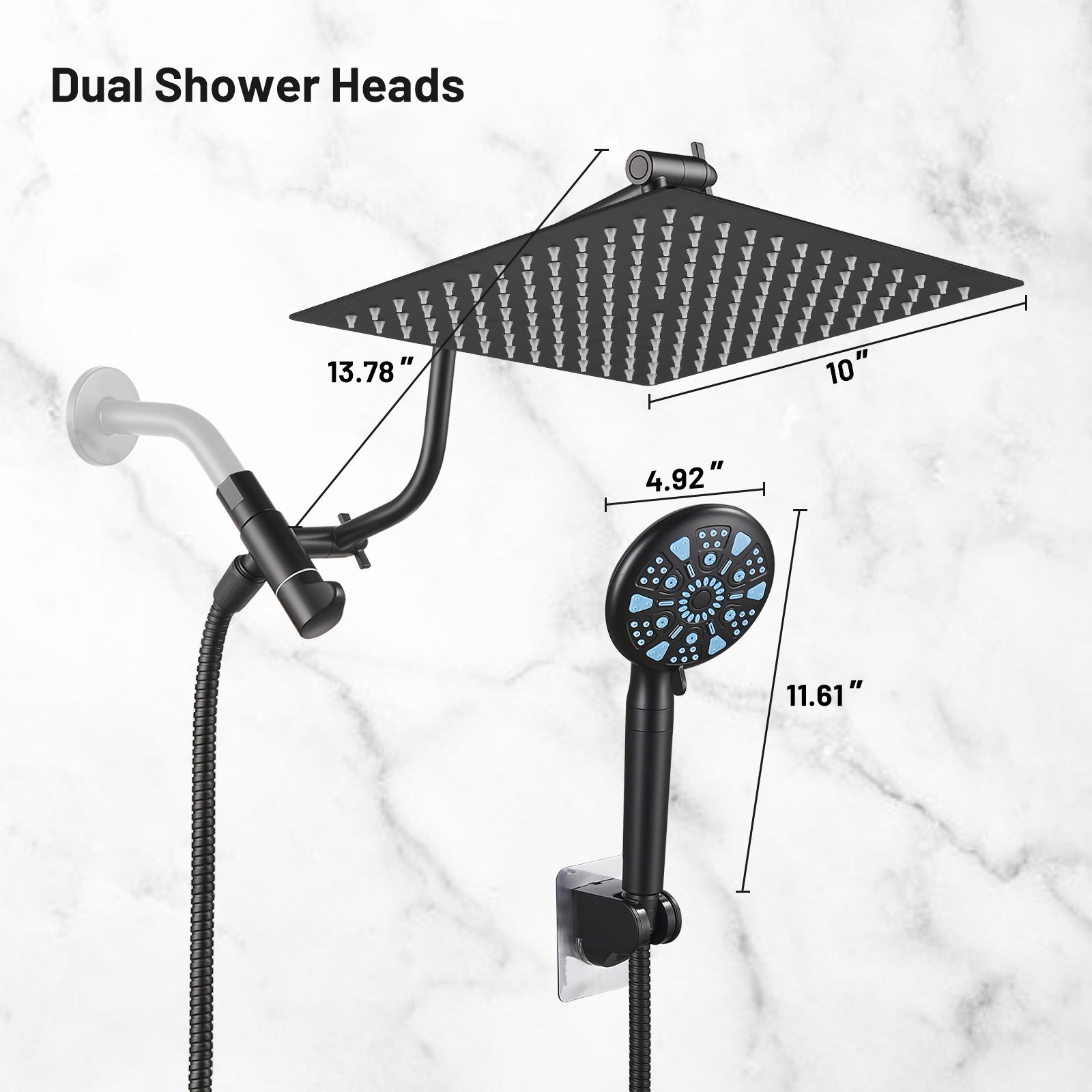Rainfull 5-Spray Patterns 10 in. Wall Mount Dual Shower Heads and Handheld Shower Head 1.8 GPM in Matte Black
